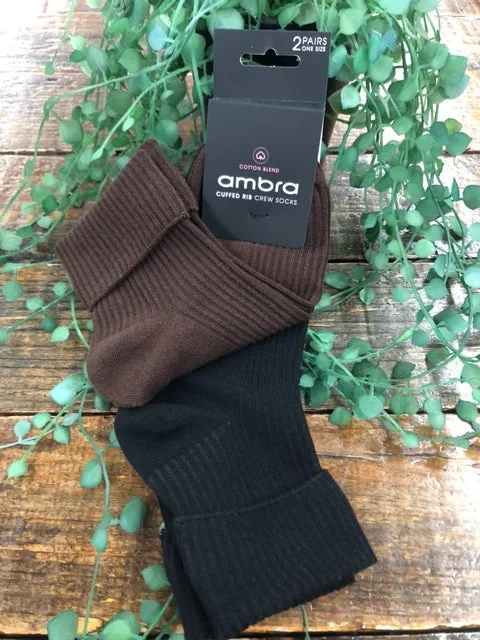 Ambra Cuffed Rib Crew Socks - Chocolate/Black