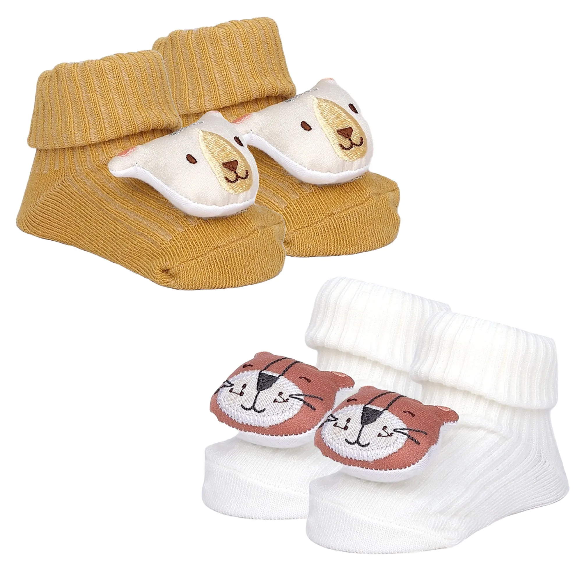 Baby Moo Animal 3D Rattle Anti-Skid Socks Booties Pack of 2 - Mustard, White