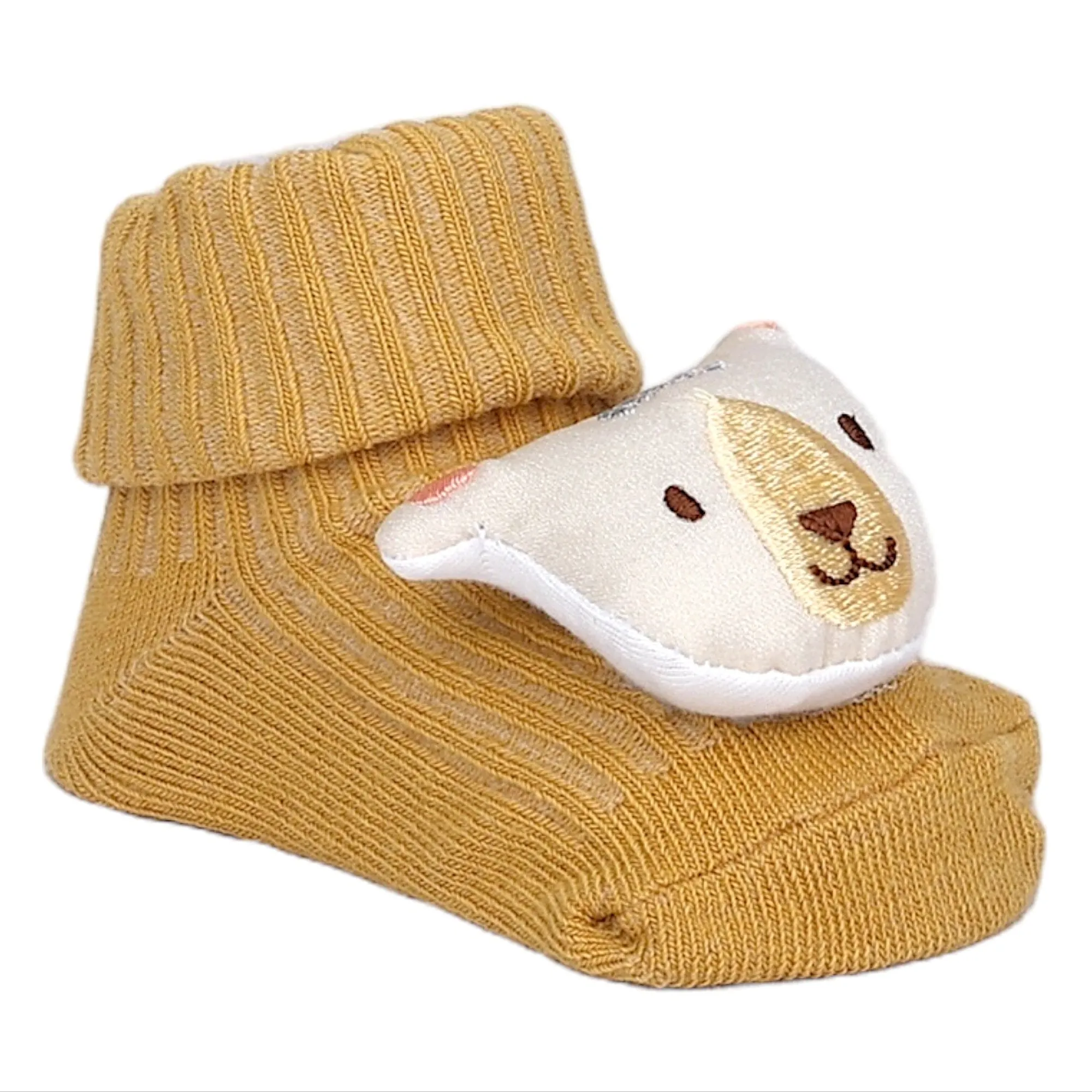 Baby Moo Animal 3D Rattle Anti-Skid Socks Booties Pack of 2 - Mustard, White