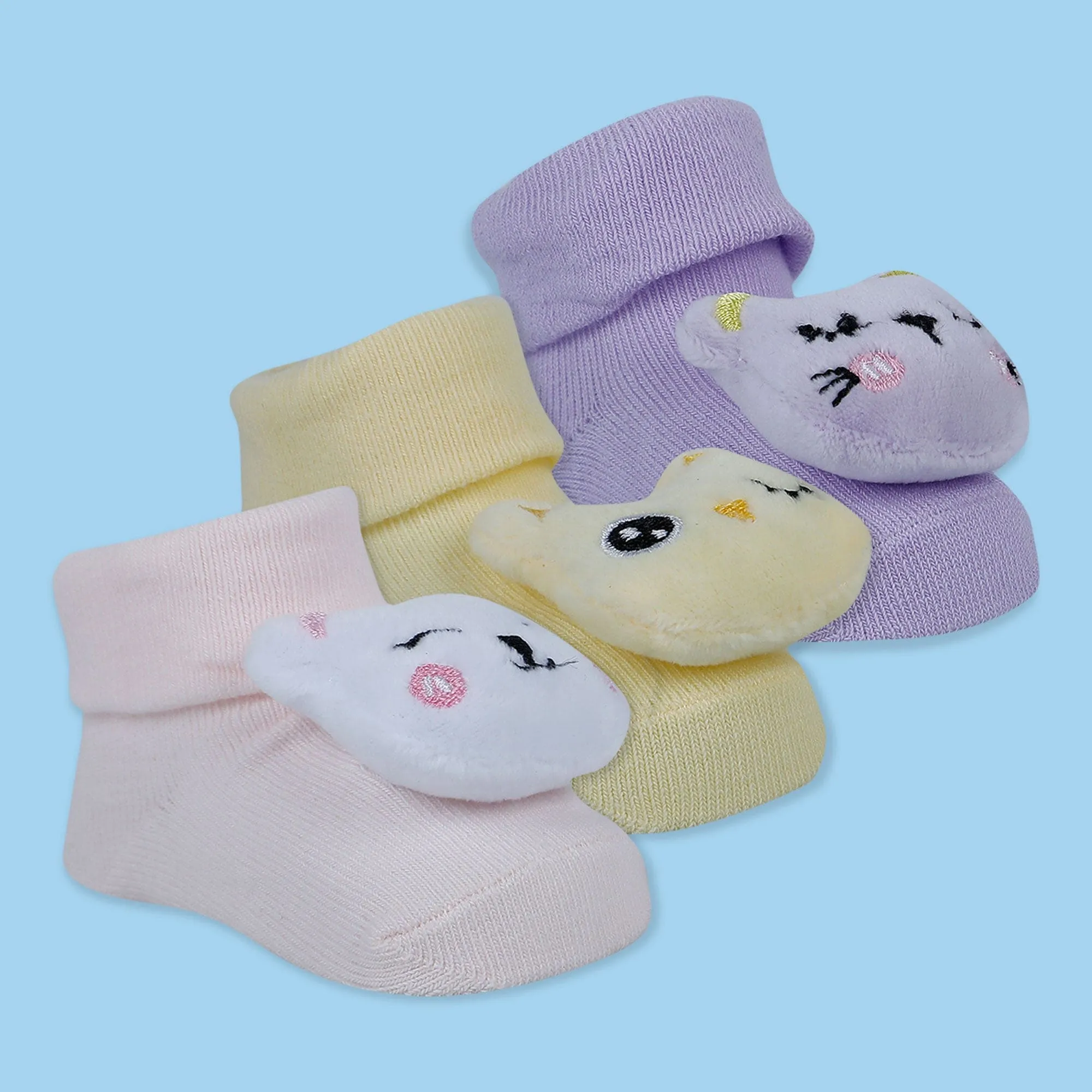 Baby Moo Bird Puppy 3D Rattle Anti-Skid Socks Booties Pack of 3 - Multicolour