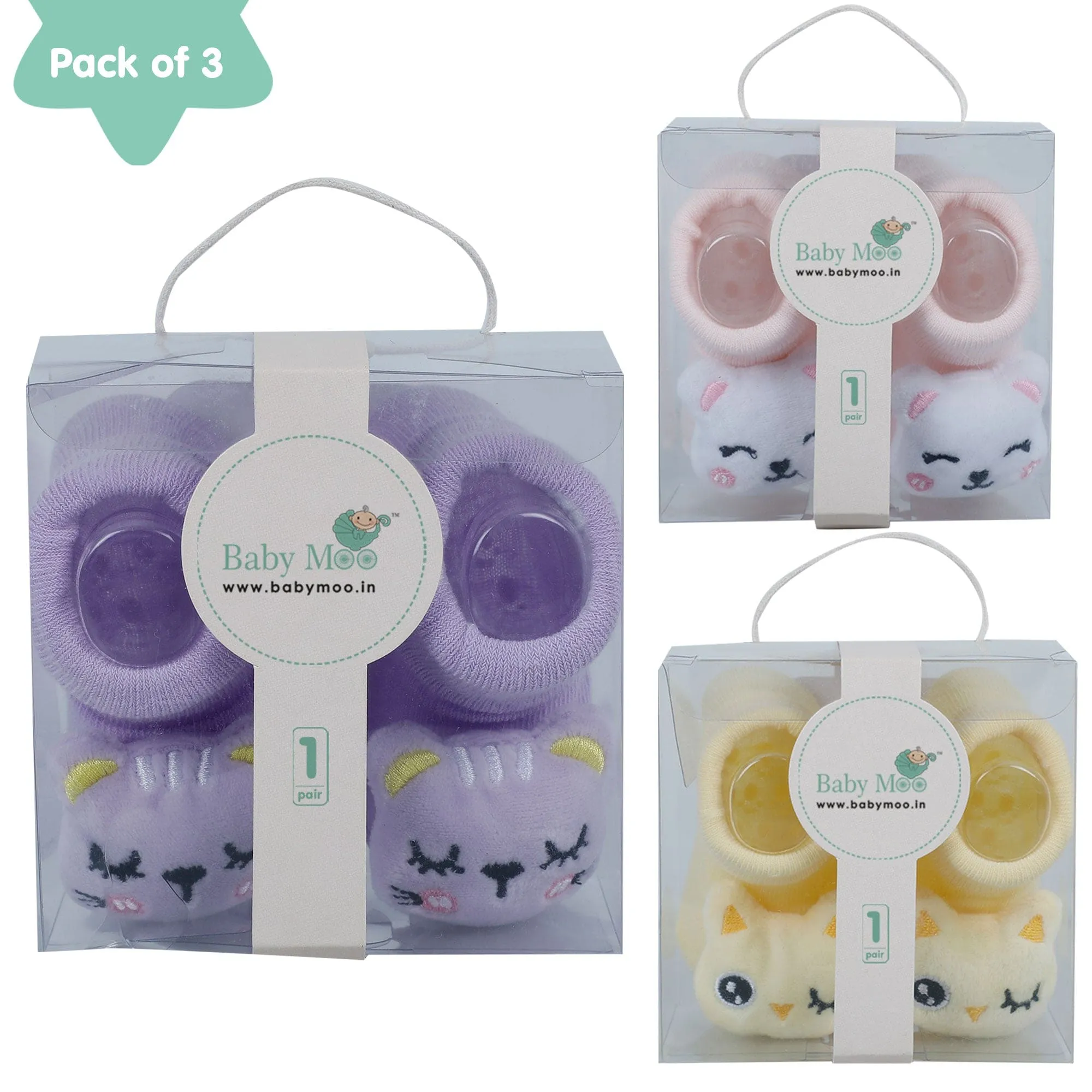 Baby Moo Bird Puppy 3D Rattle Anti-Skid Socks Booties Pack of 3 - Multicolour