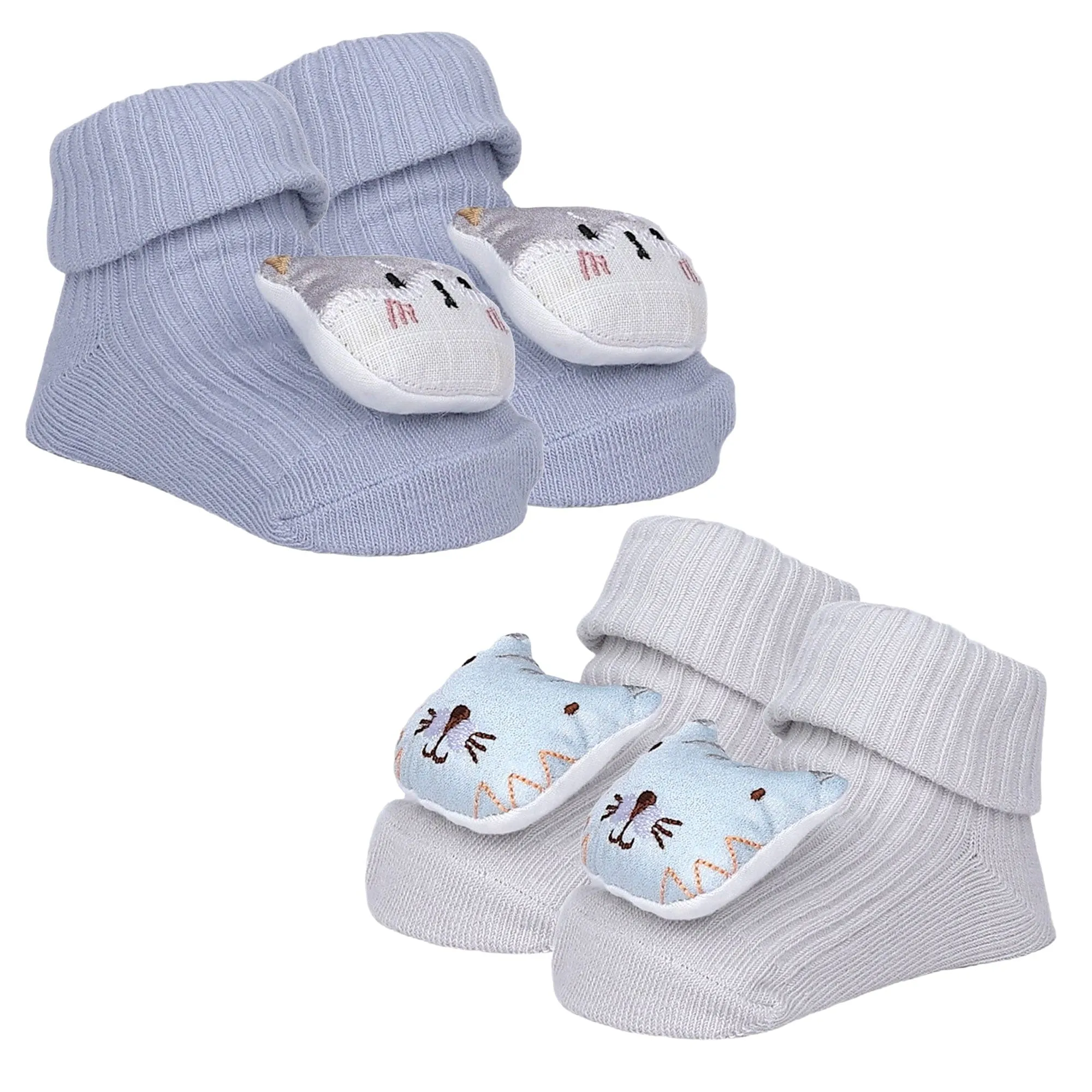 Baby Moo Cat 3D Rattle Anti-Skid Socks Booties Pack of 2 - Blue, Grey