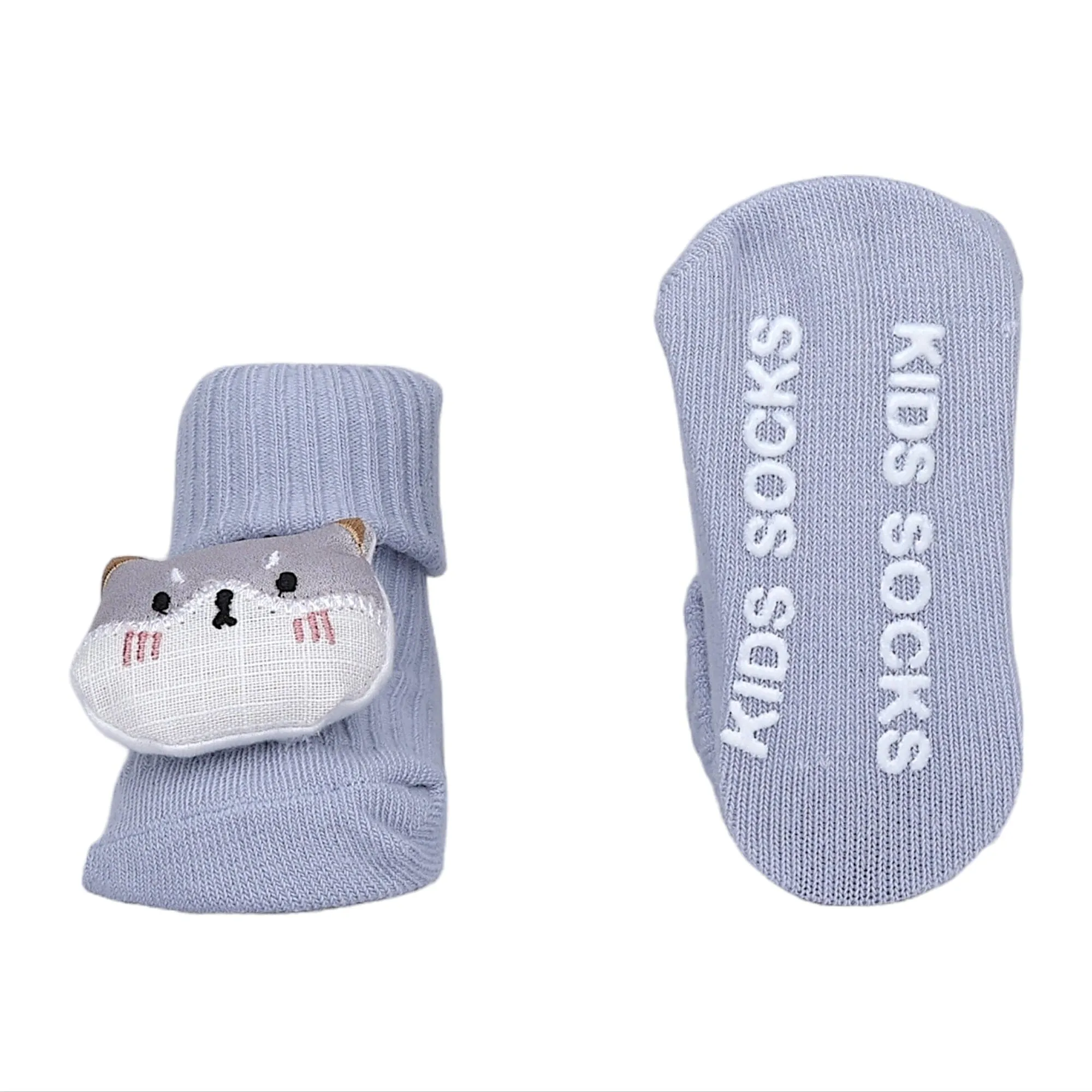 Baby Moo Cat 3D Rattle Anti-Skid Socks Booties Pack of 2 - Blue, Grey