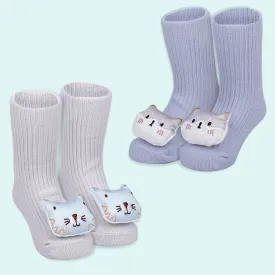 Baby Moo Cat 3D Rattle Anti-Skid Socks Booties Pack of 2 - Blue, Grey