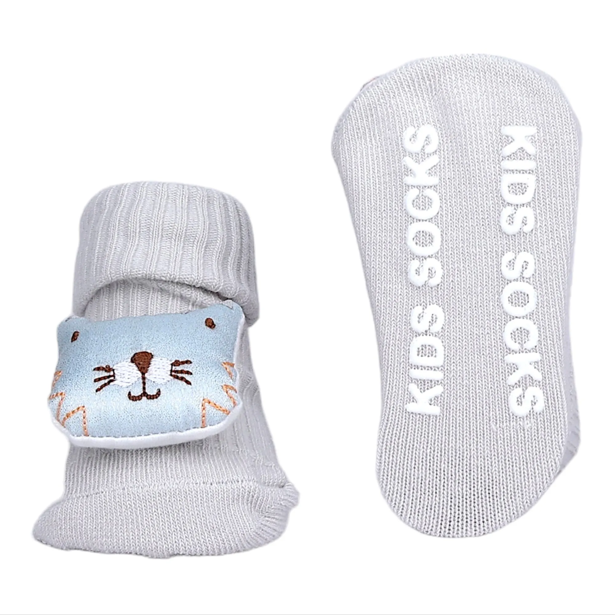 Baby Moo Cat 3D Rattle Anti-Skid Socks Booties Pack of 2 - Blue, Grey