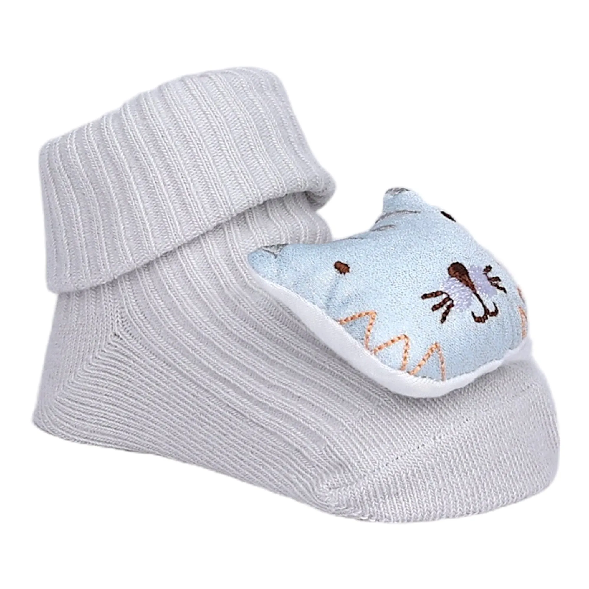 Baby Moo Cat 3D Rattle Anti-Skid Socks Booties Pack of 2 - Blue, Grey