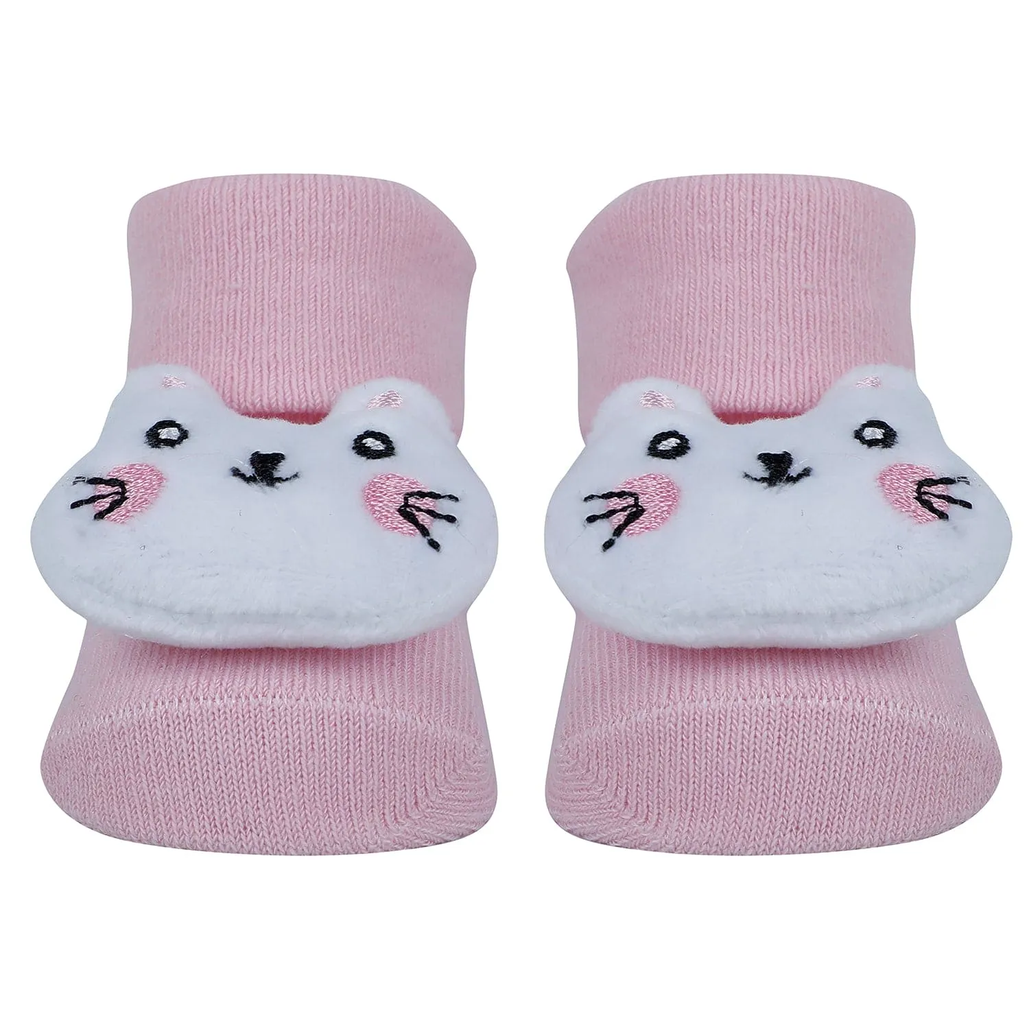 Baby Moo Kitty 3D Rattle Anti-Skid Socks Booties Pack of 3 - Peach, Multicolour