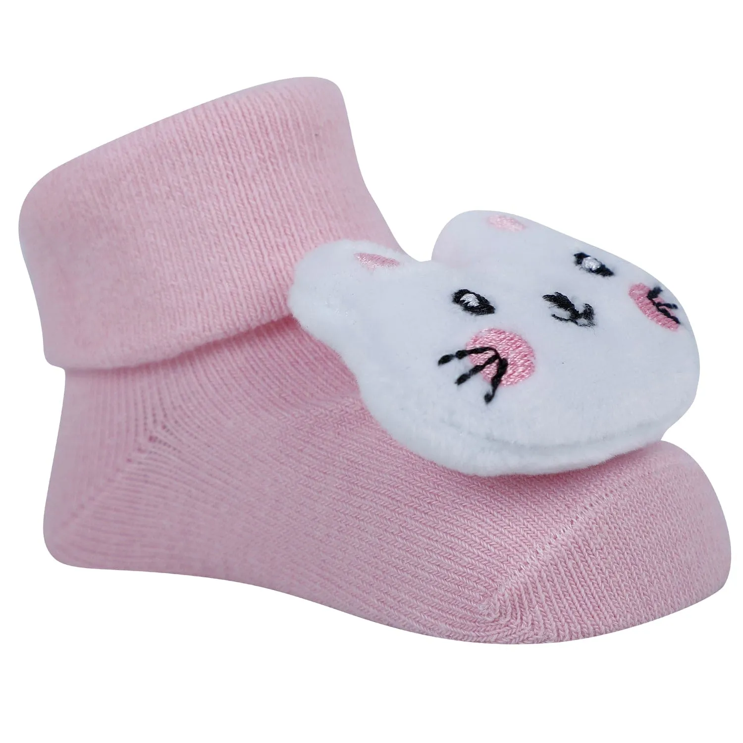 Baby Moo Kitty 3D Rattle Anti-Skid Socks Booties Pack of 3 - Peach, Multicolour