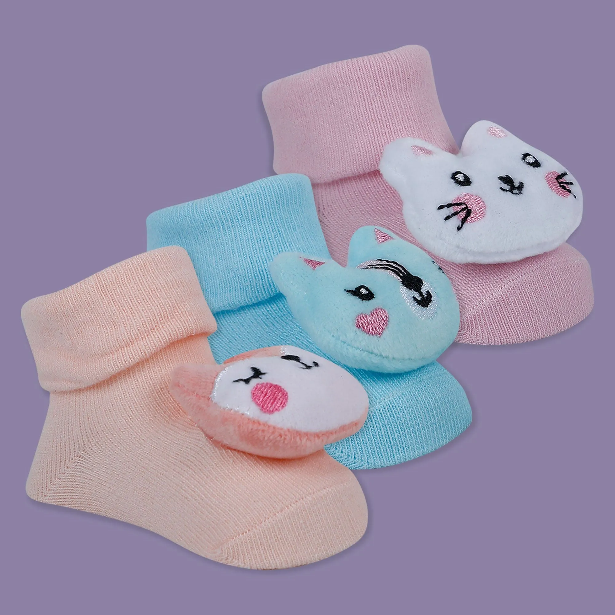 Baby Moo Kitty 3D Rattle Anti-Skid Socks Booties Pack of 3 - Peach, Multicolour