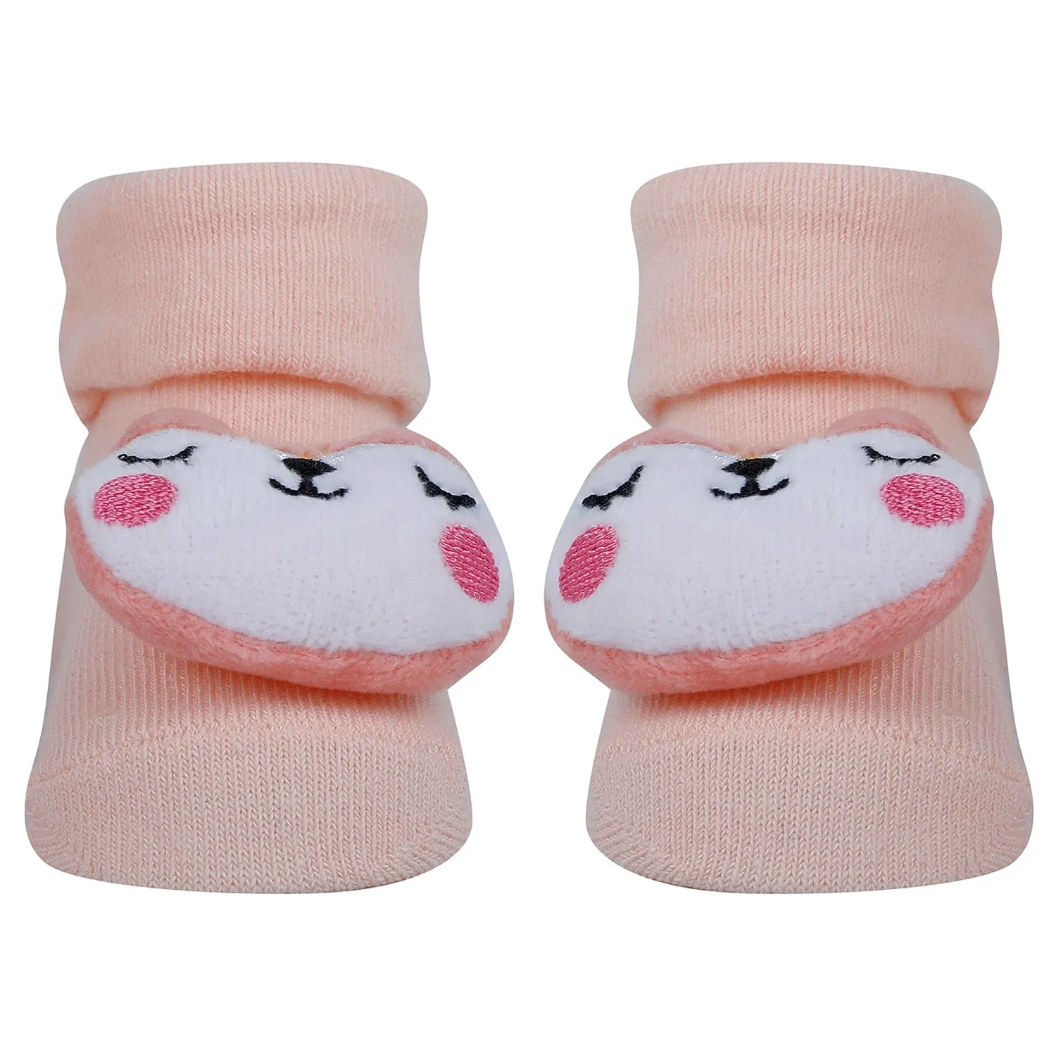 Baby Moo Kitty 3D Rattle Anti-Skid Socks Booties Pack of 3 - Peach, Multicolour