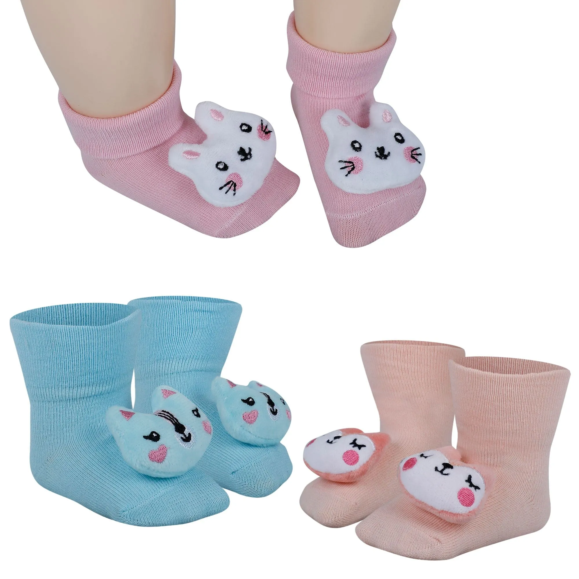 Baby Moo Kitty 3D Rattle Anti-Skid Socks Booties Pack of 3 - Peach, Multicolour