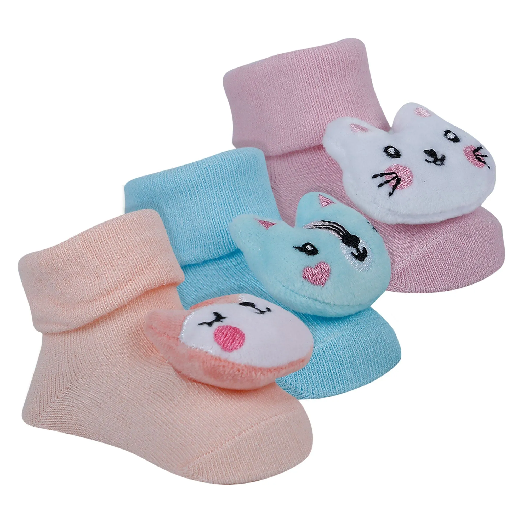 Baby Moo Kitty 3D Rattle Anti-Skid Socks Booties Pack of 3 - Peach, Multicolour