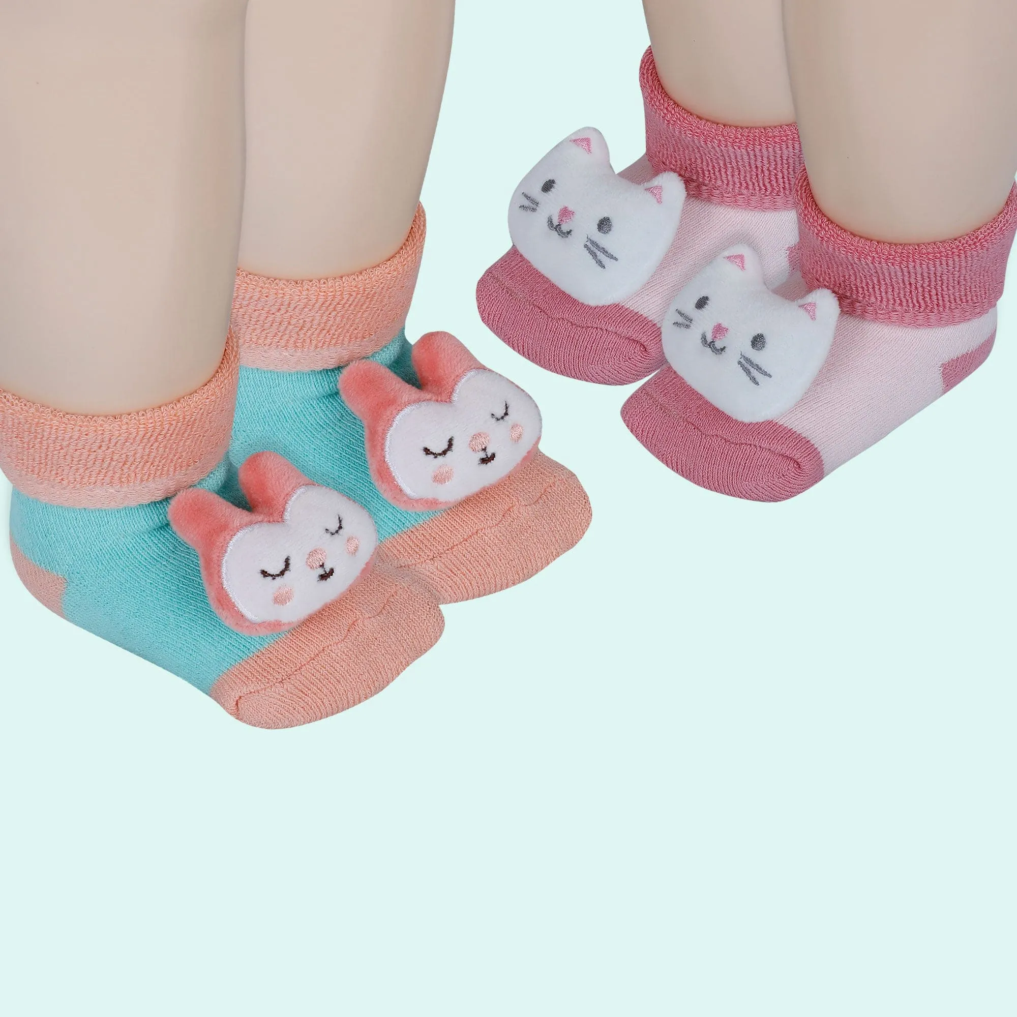 Baby Moo Kitty And Rabbit 3D Rattle Anti-Skid Socks Booties Pack of 2 - Pink, Orange