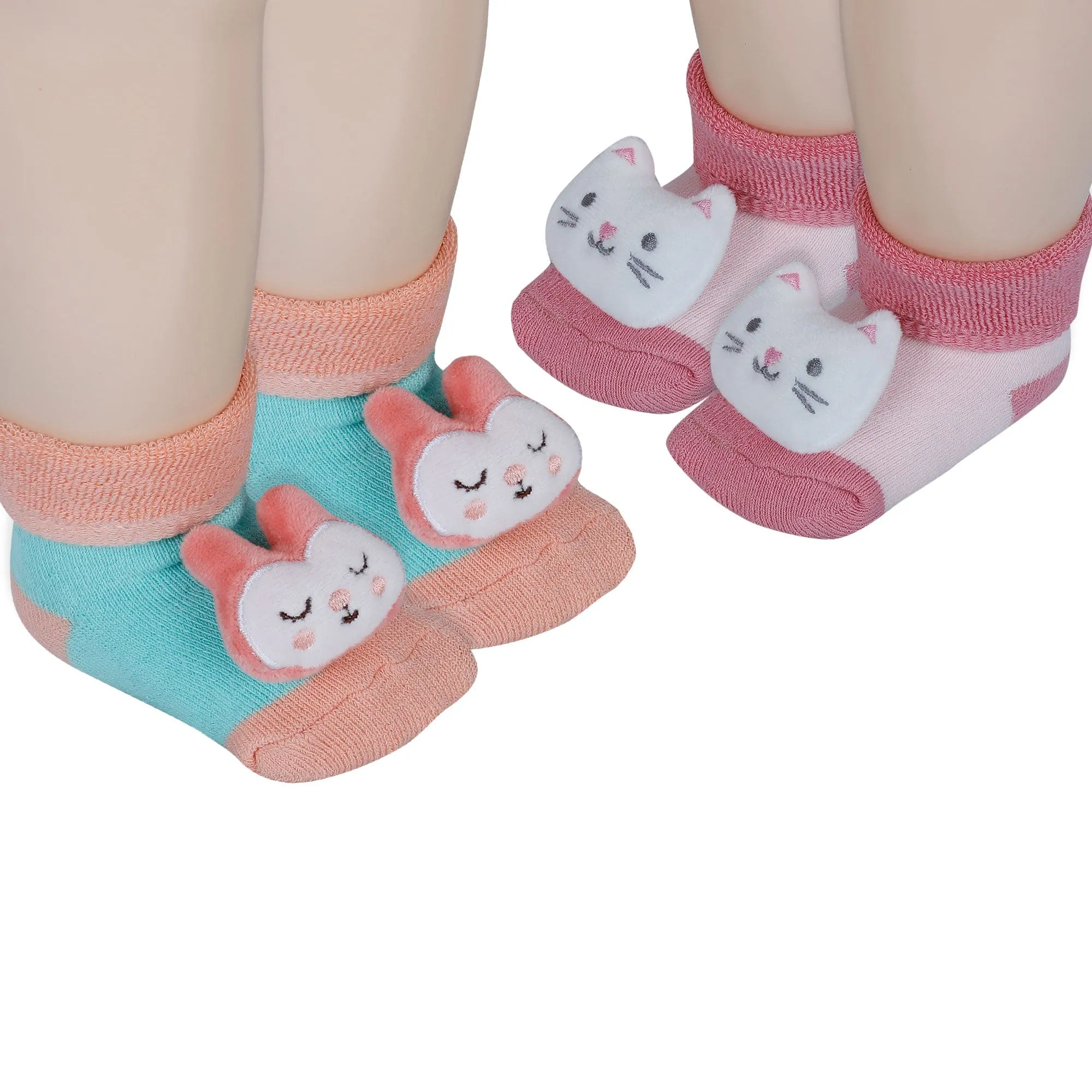 Baby Moo Kitty And Rabbit 3D Rattle Anti-Skid Socks Booties Pack of 2 - Pink, Orange