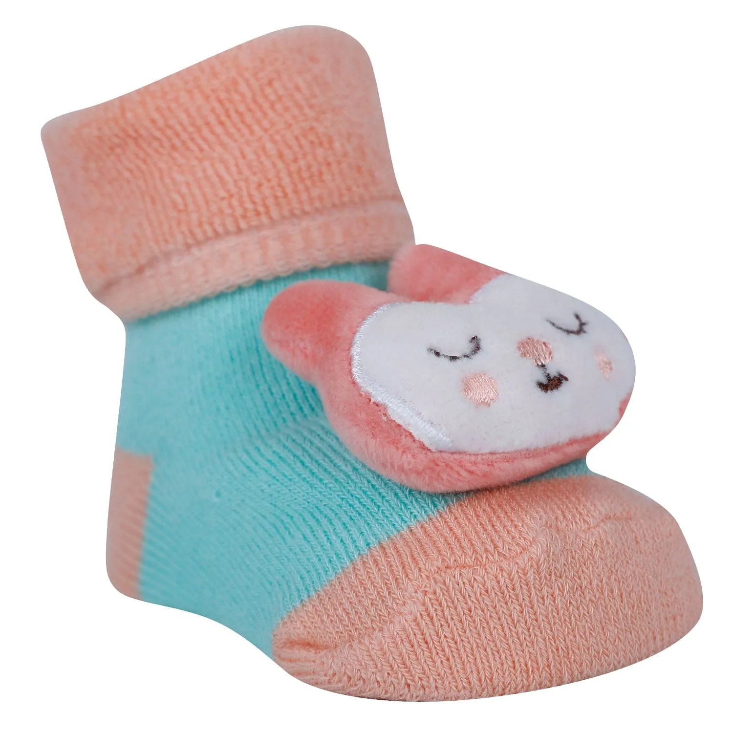 Baby Moo Kitty And Rabbit 3D Rattle Anti-Skid Socks Booties Pack of 2 - Pink, Orange