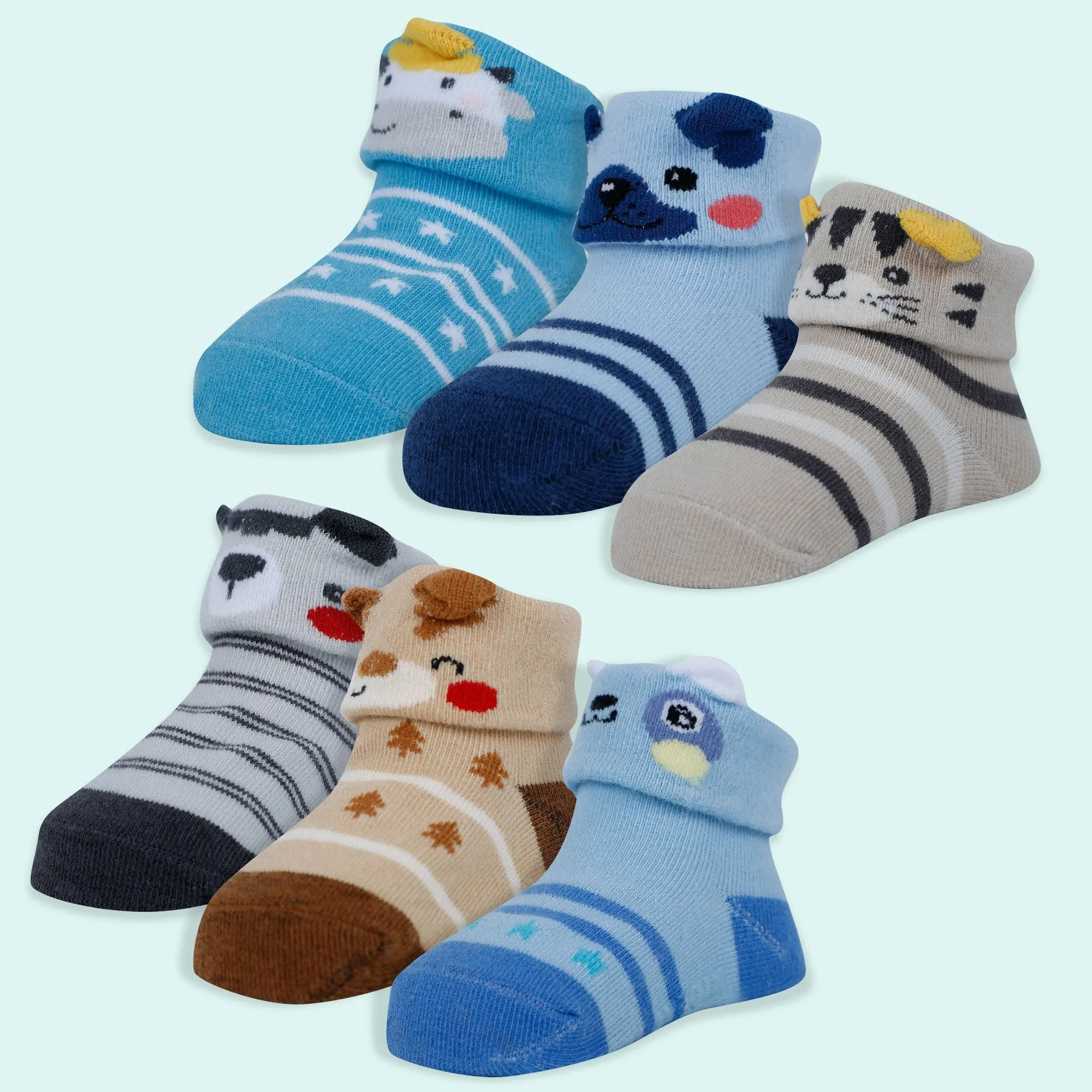 Baby Moo Puppy 3D Rattle Anti-Skid Socks Booties Pack of 6 - Blue