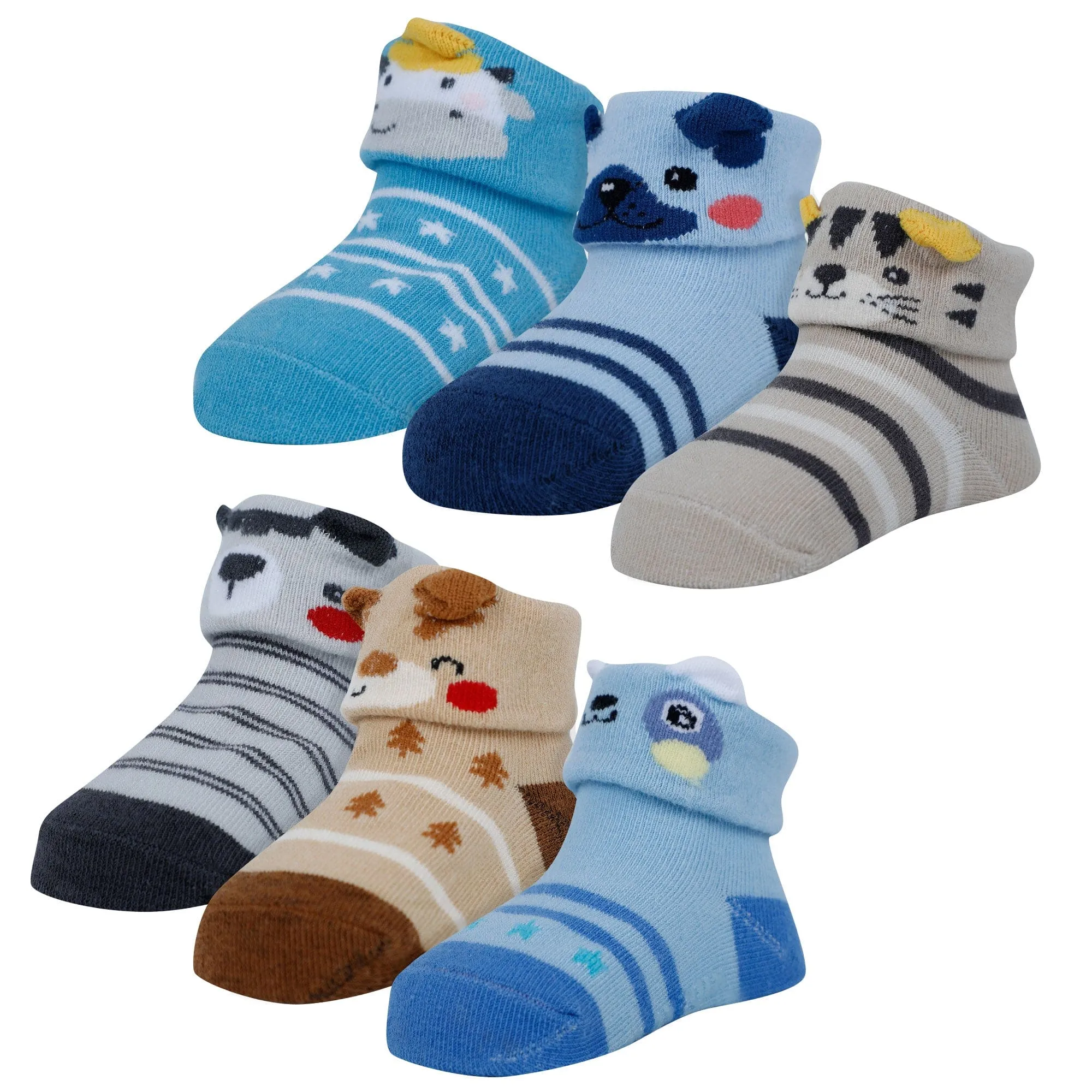 Baby Moo Puppy 3D Rattle Anti-Skid Socks Booties Pack of 6 - Blue