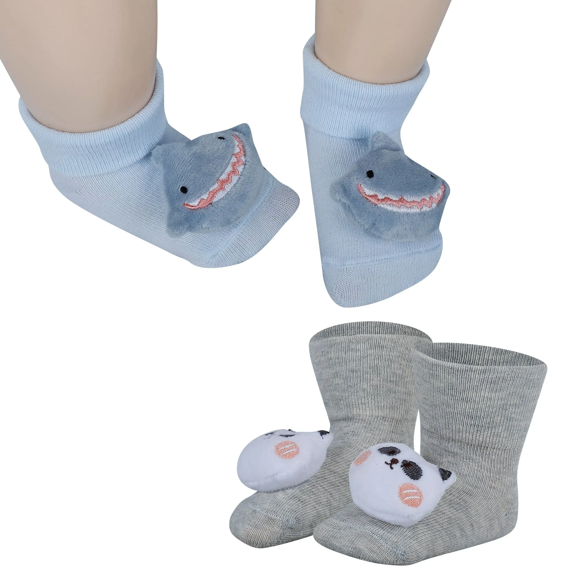 Baby Moo Shark And Panda 3D Rattle Anti-Skid Socks Booties Pack of 2 - Blue, Beige