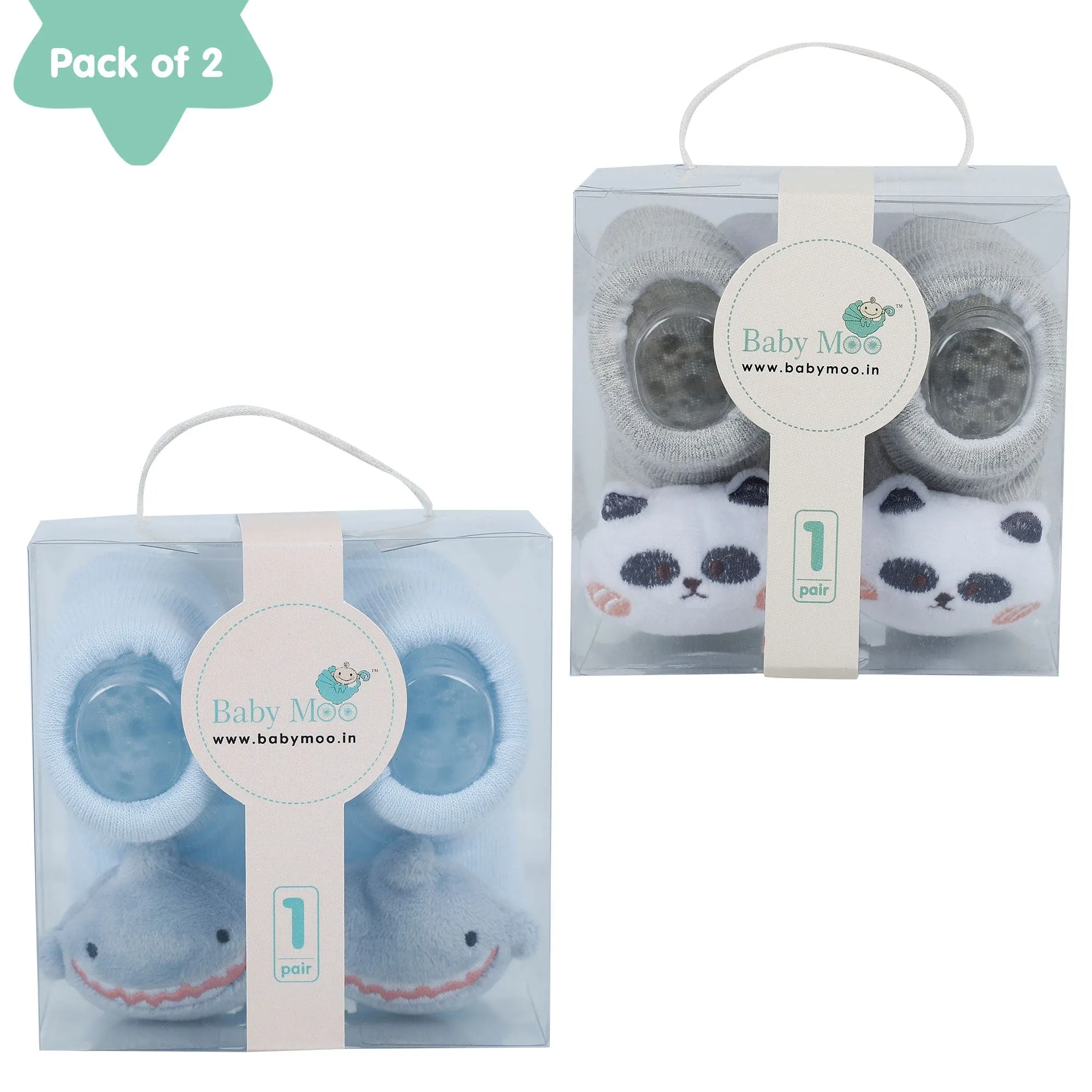 Baby Moo Shark And Panda 3D Rattle Anti-Skid Socks Booties Pack of 2 - Blue, Beige