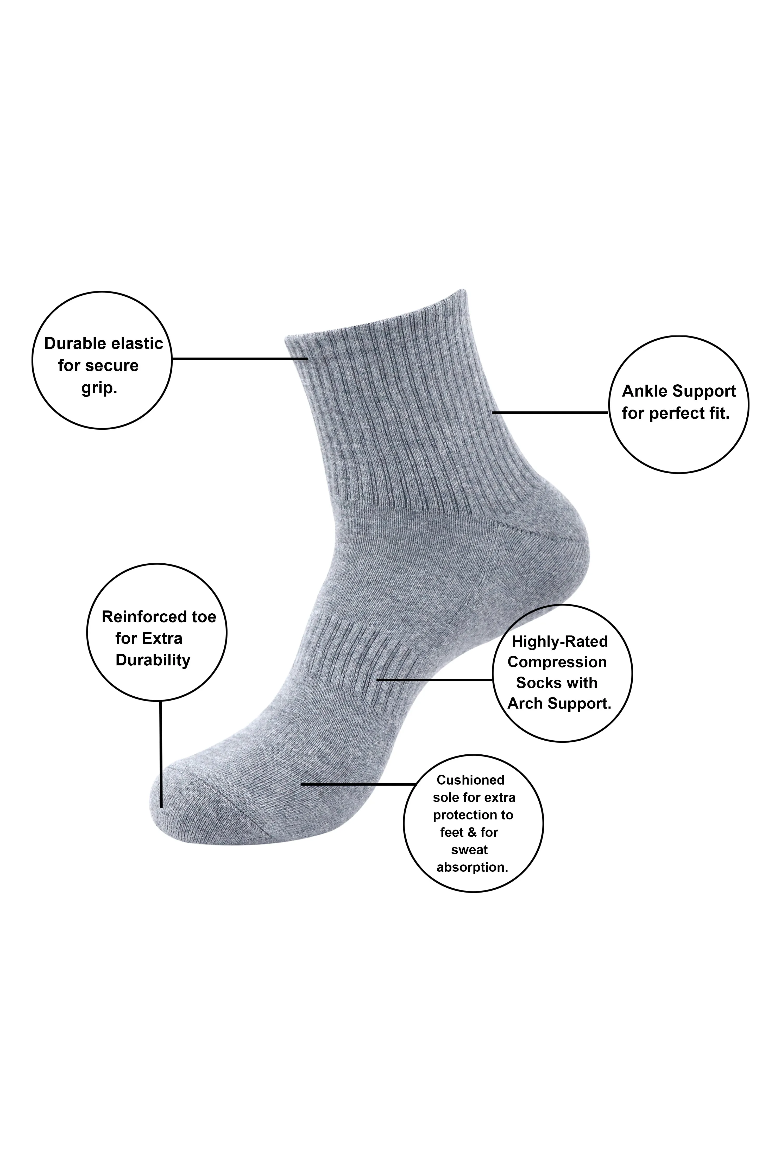 Balenzia Men's Full Cushioned Terry/Towel Ankle Sports Socks, Gym Socks- Grey (Pack of 3 Pairs/1U)