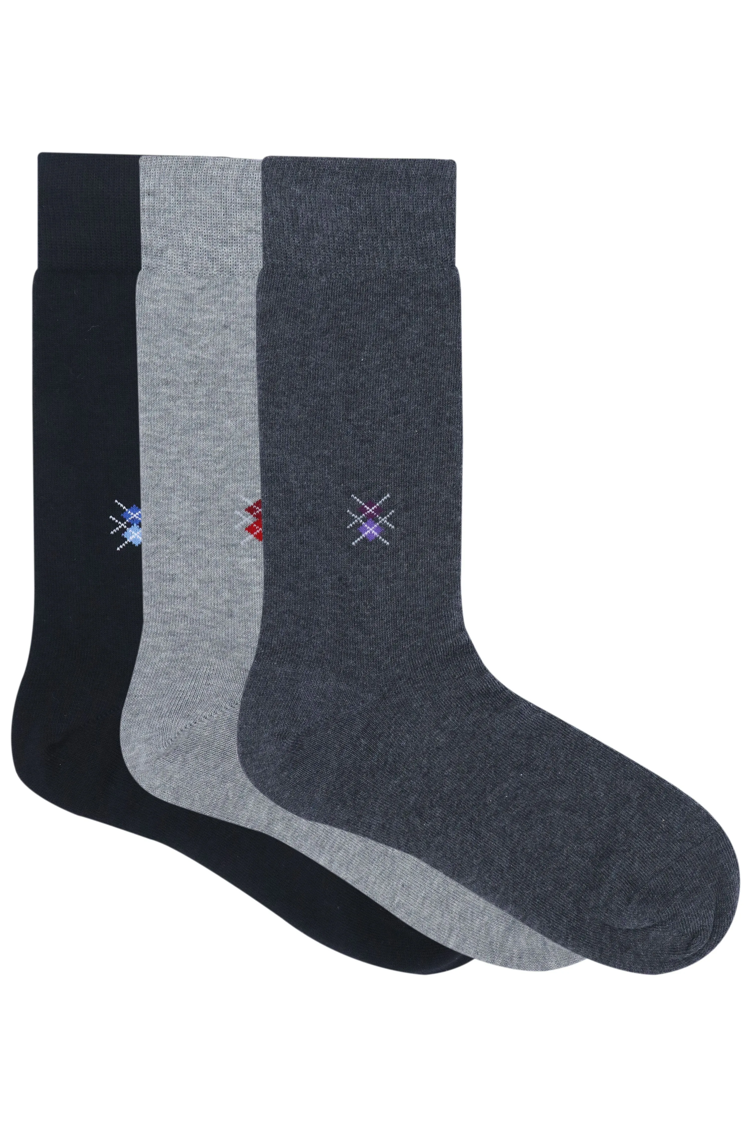 Balenzia Men's Motif Cotton Crew/Calf length  Socks- (Pack of 3 Pairs/1U) (Black,L.Grey,D.Grey)