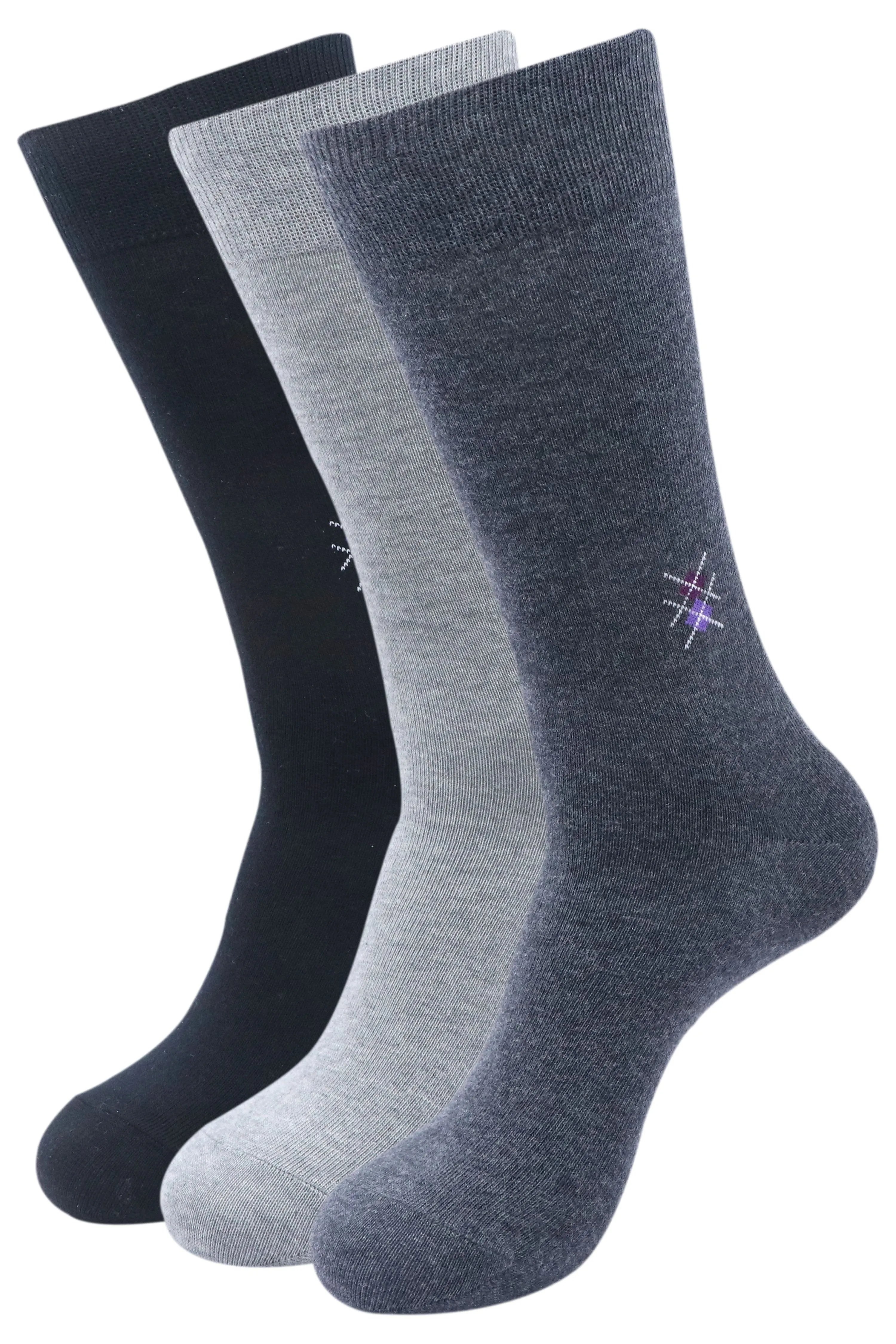 Balenzia Men's Motif Cotton Crew/Calf length  Socks- (Pack of 3 Pairs/1U) (Black,L.Grey,D.Grey)