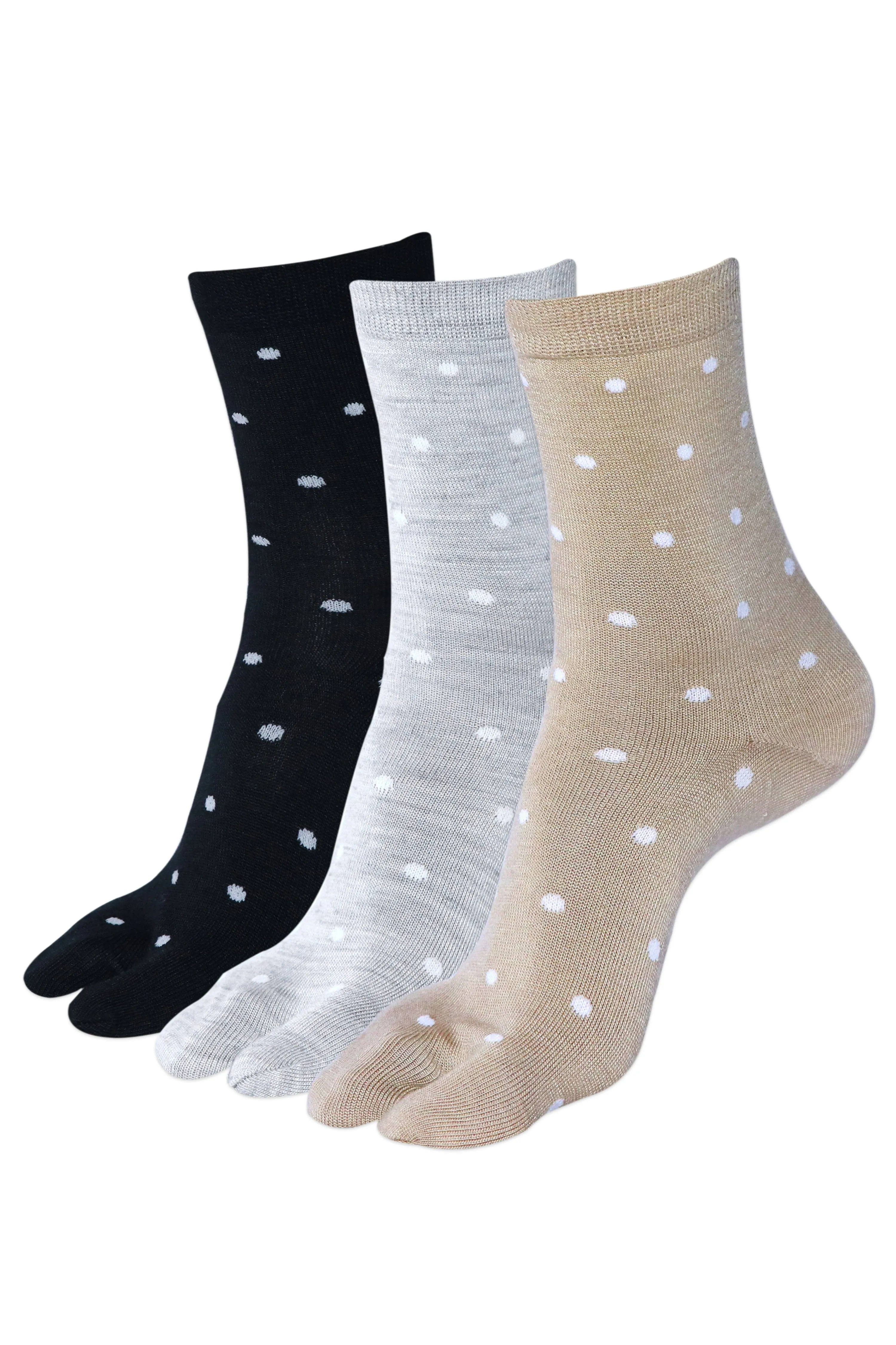 Balenzia Women's Polka Patterned Woolen Toe Socks- Black-L.grey-Beige (Pack of 3 Pairs/1U)