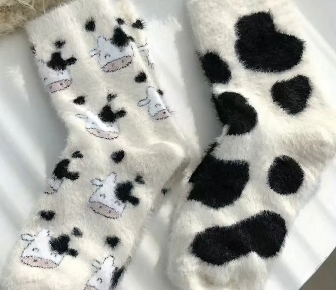 Cow Print Fuzzy Socks