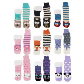 Extra Thick Fuzzy Thermal Fleece-lined Knitted Non-skid Animal Crew Socks - 3 Pair