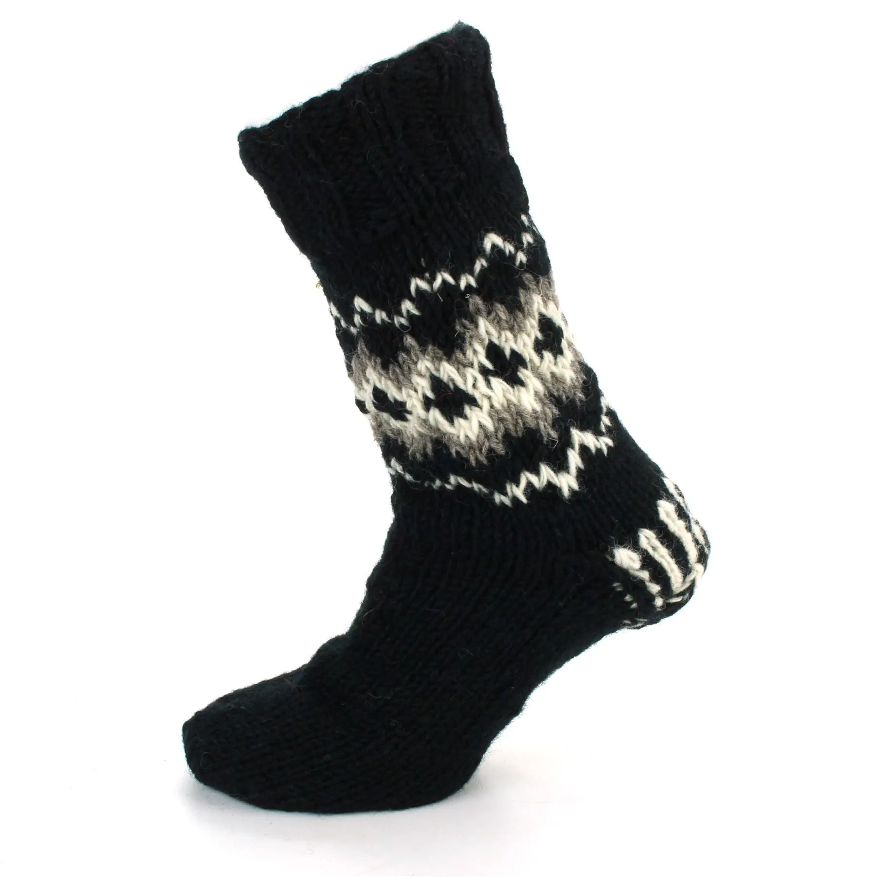 Hand Knitted Wool Slipper Socks Lined - Fairisle Black