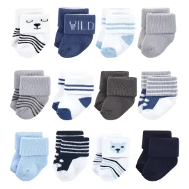 Hudson Baby Cotton Rich Newborn and Terry Socks, Bear Boy 12-Pack