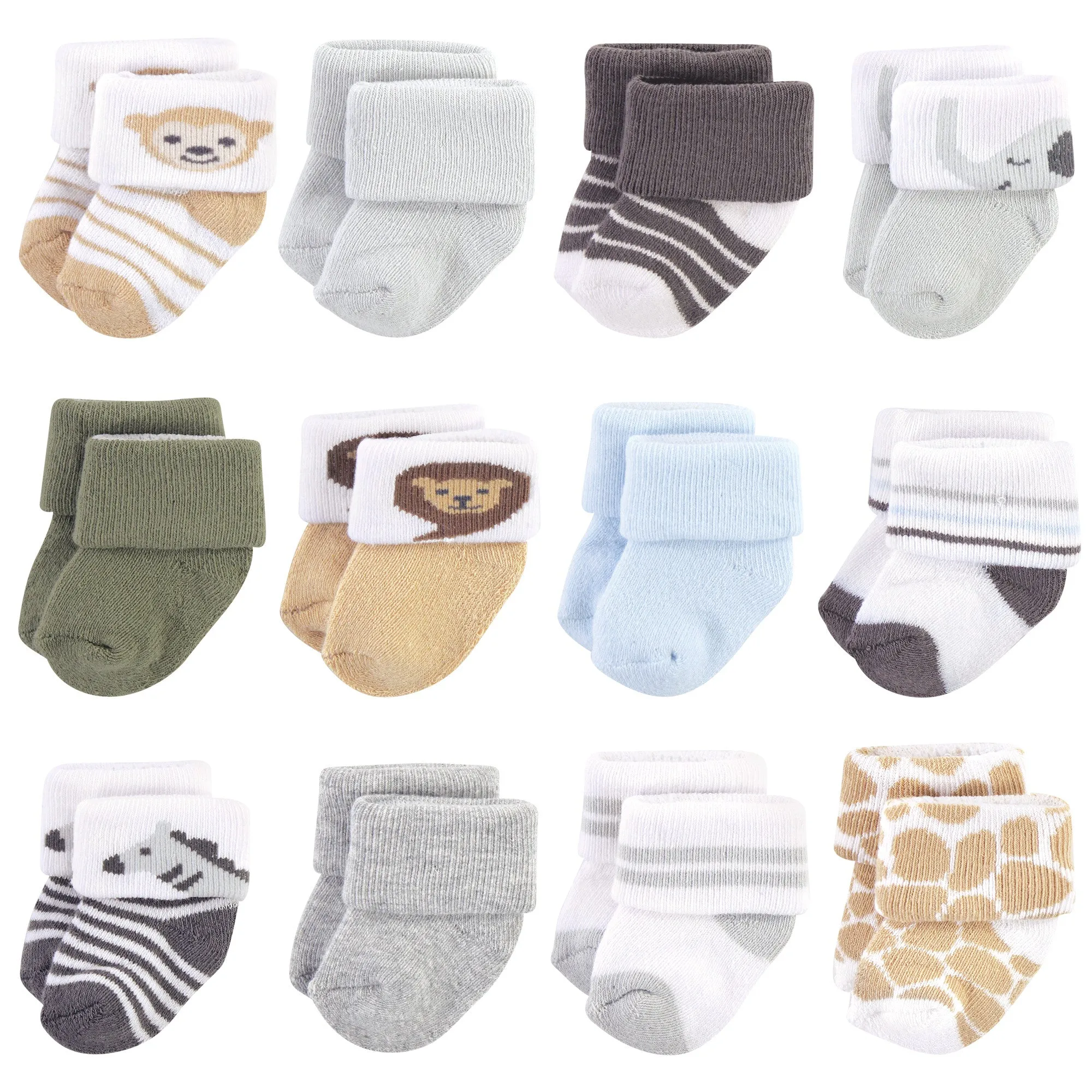 Hudson Baby Cotton Rich Newborn and Terry Socks, Boy Safari