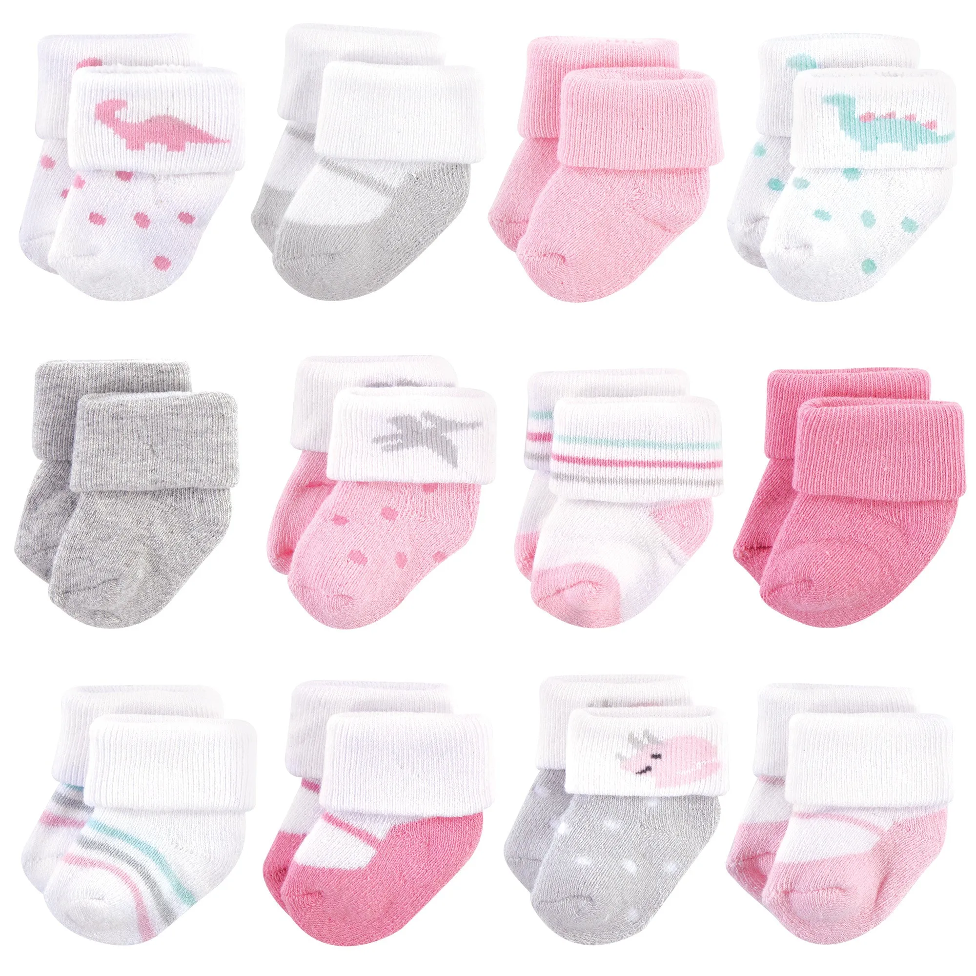 Hudson Baby Cotton Rich Newborn and Terry Socks, Girl Dino