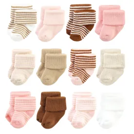 Hudson Baby Cotton Rich Newborn and Terry Socks, Pink Tan Stripe