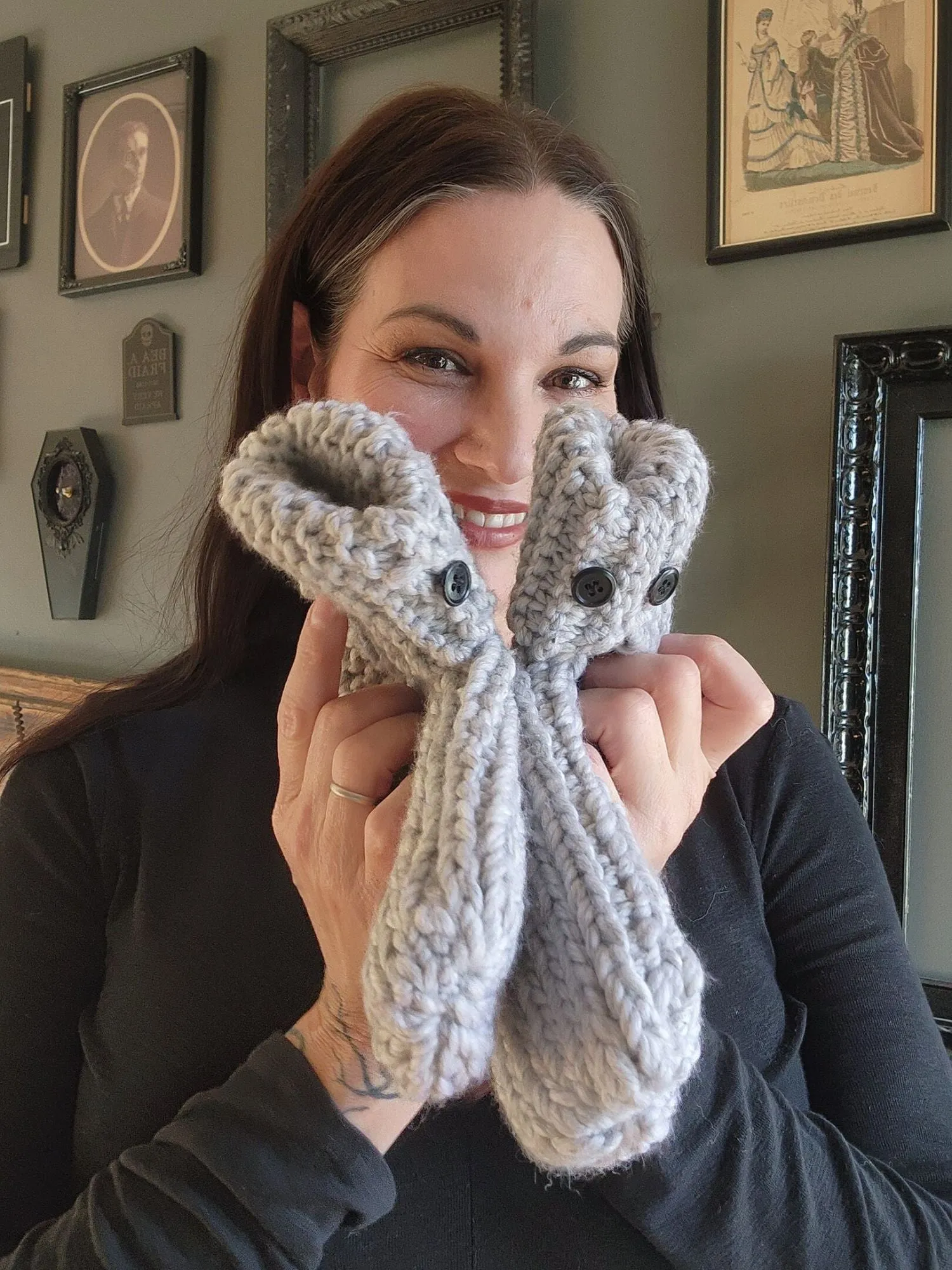 Icicle Hand Knit Slipper Socks in Gray with Vintage Buttons