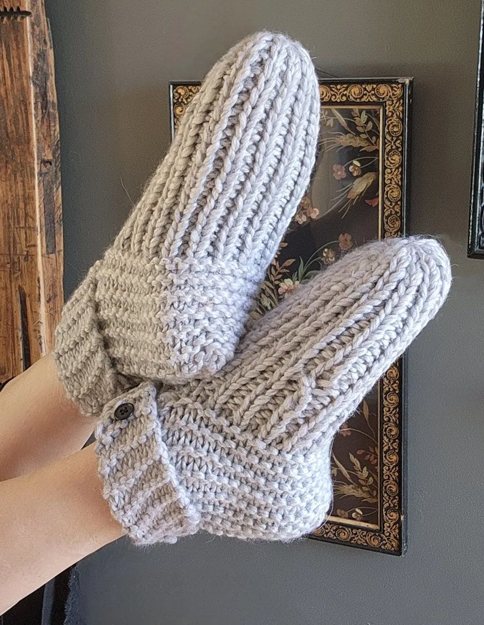 Icicle Hand Knit Slipper Socks in Gray with Vintage Buttons