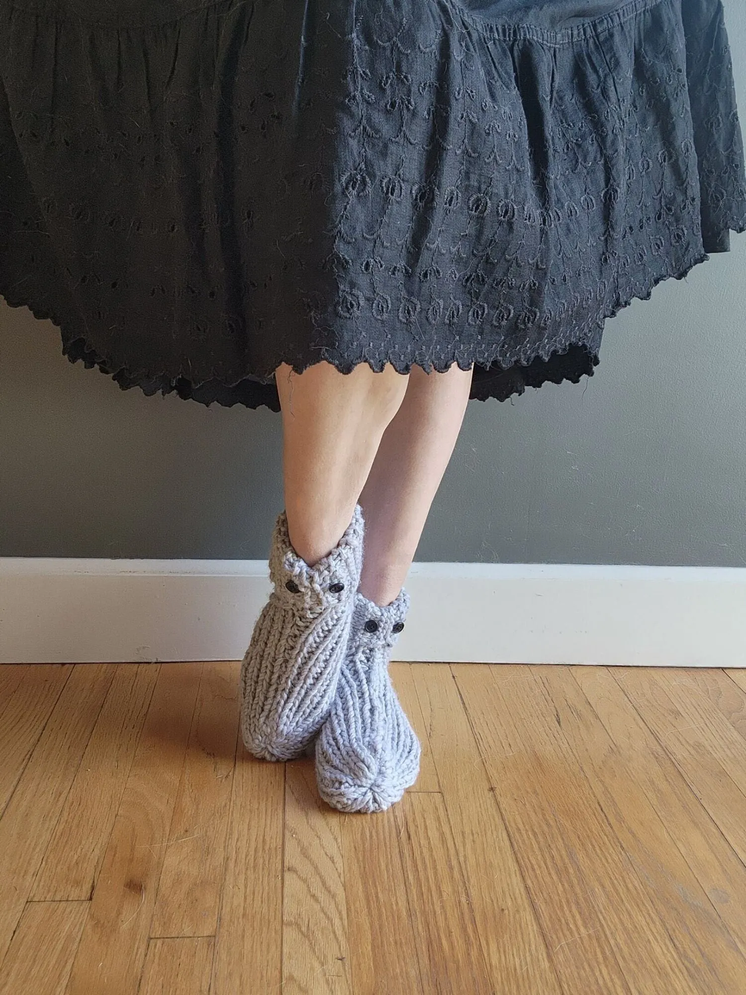 Icicle Hand Knit Slipper Socks in Gray with Vintage Buttons