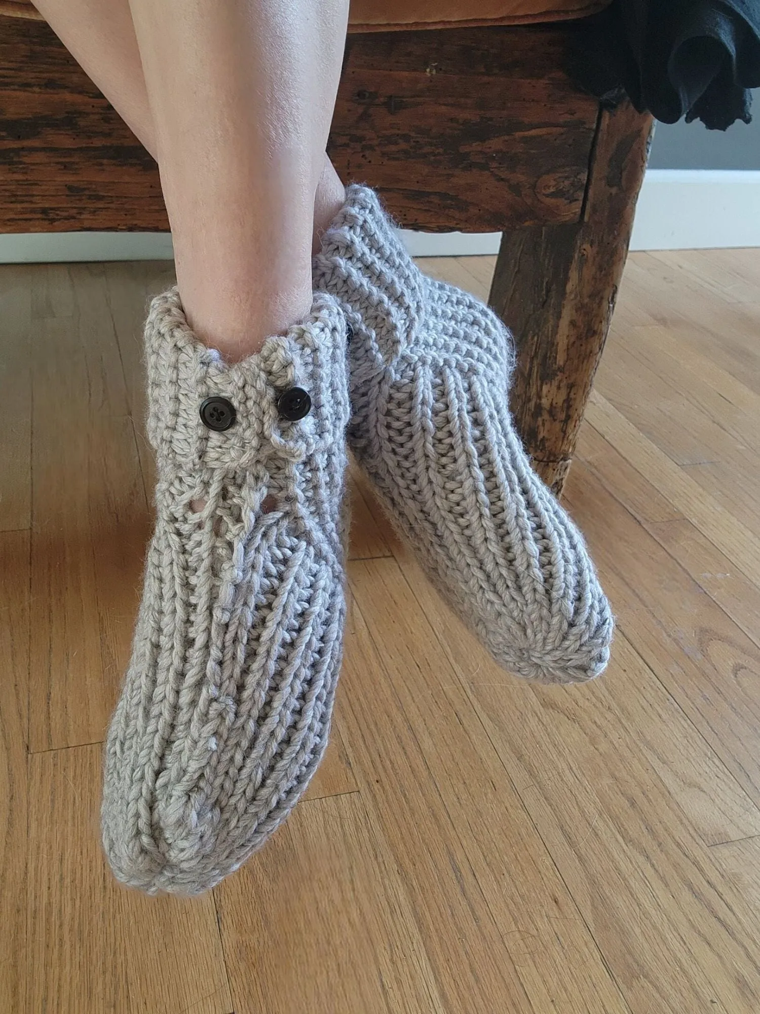 Icicle Hand Knit Slipper Socks in Gray with Vintage Buttons