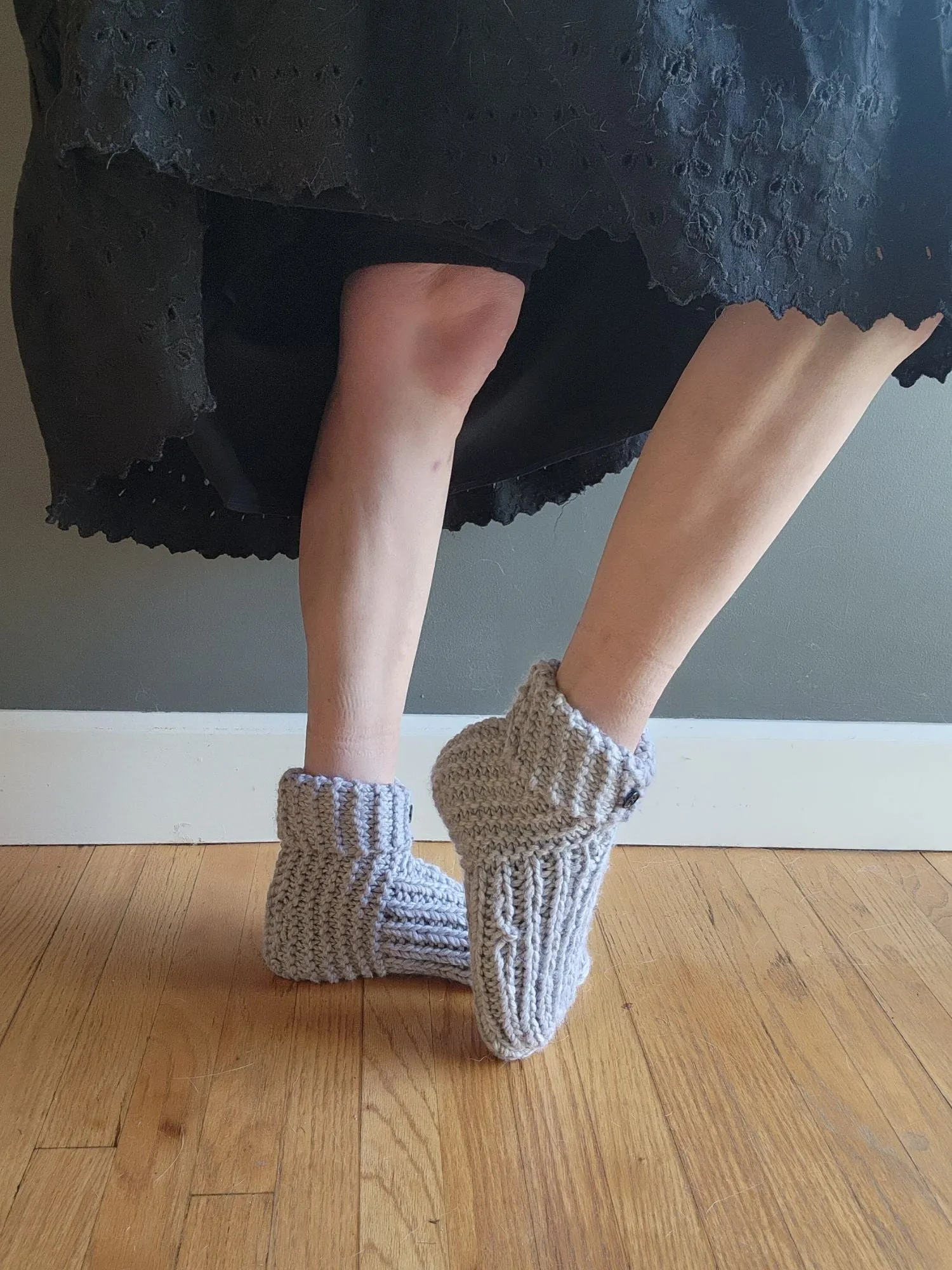 Icicle Hand Knit Slipper Socks in Gray with Vintage Buttons