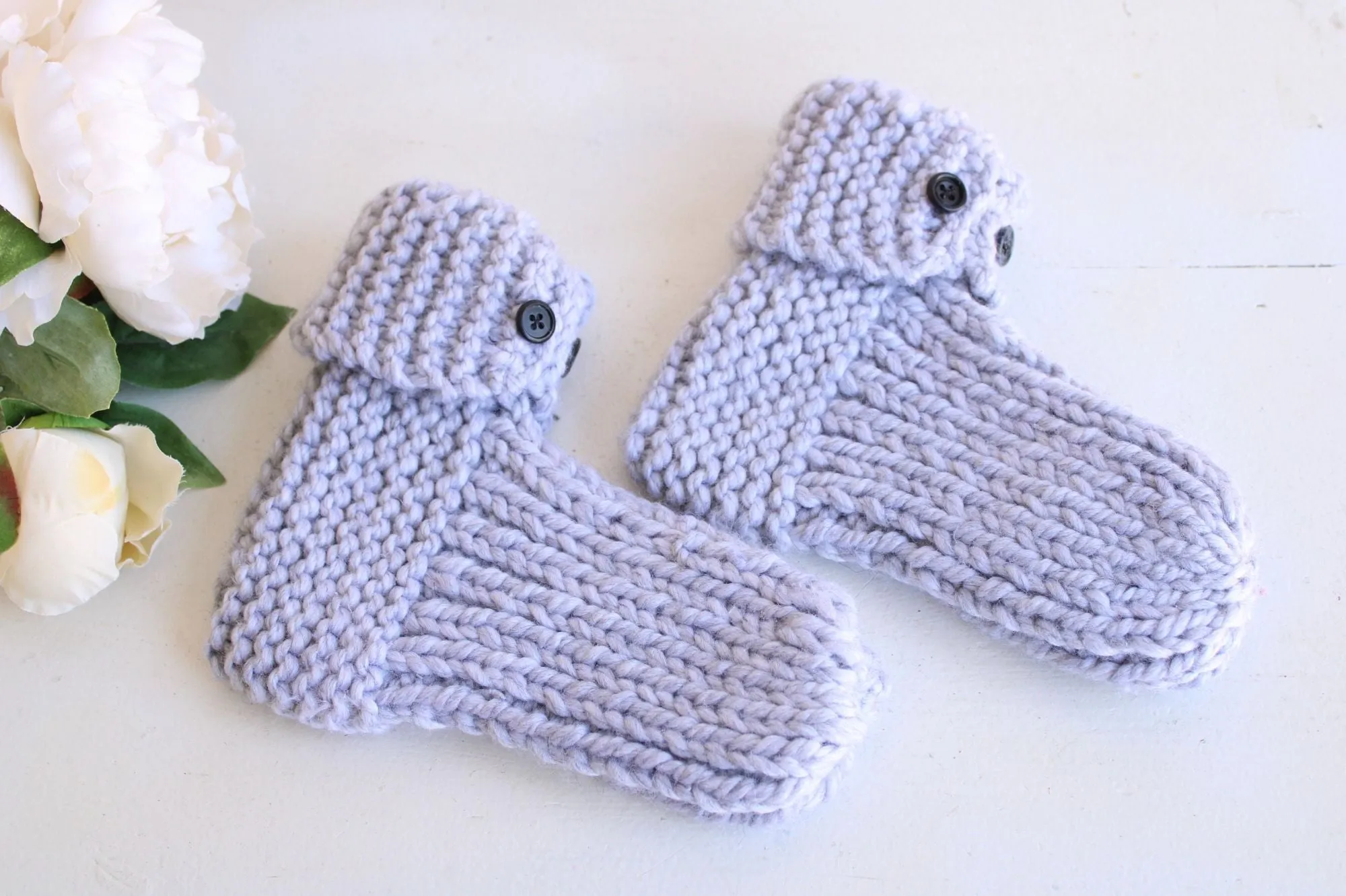 Icicle Hand Knit Slipper Socks in Gray with Vintage Buttons