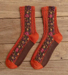 Noble Floral Beauty Crew Socks -Orange