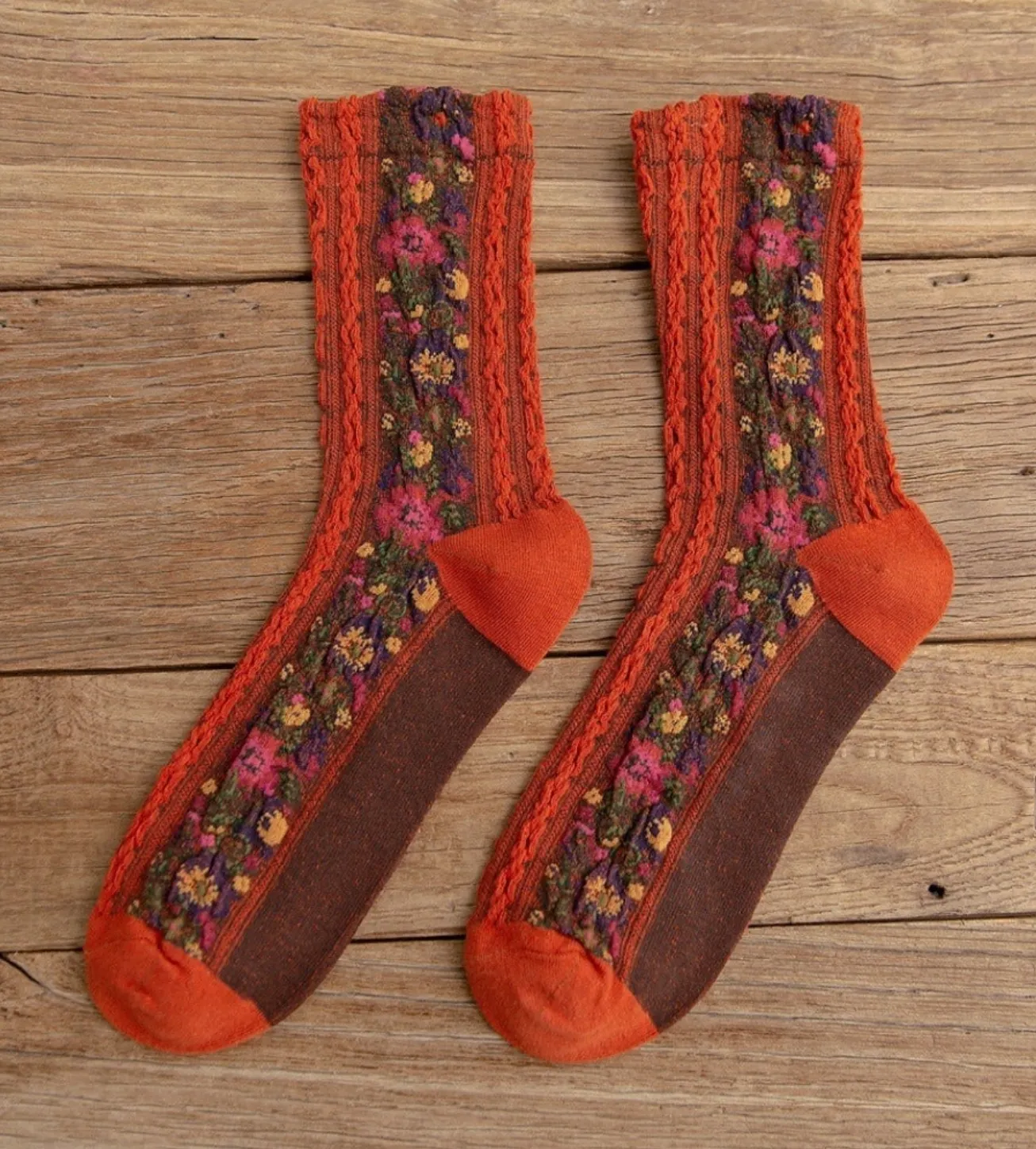 Noble Floral Beauty Crew Socks -Orange