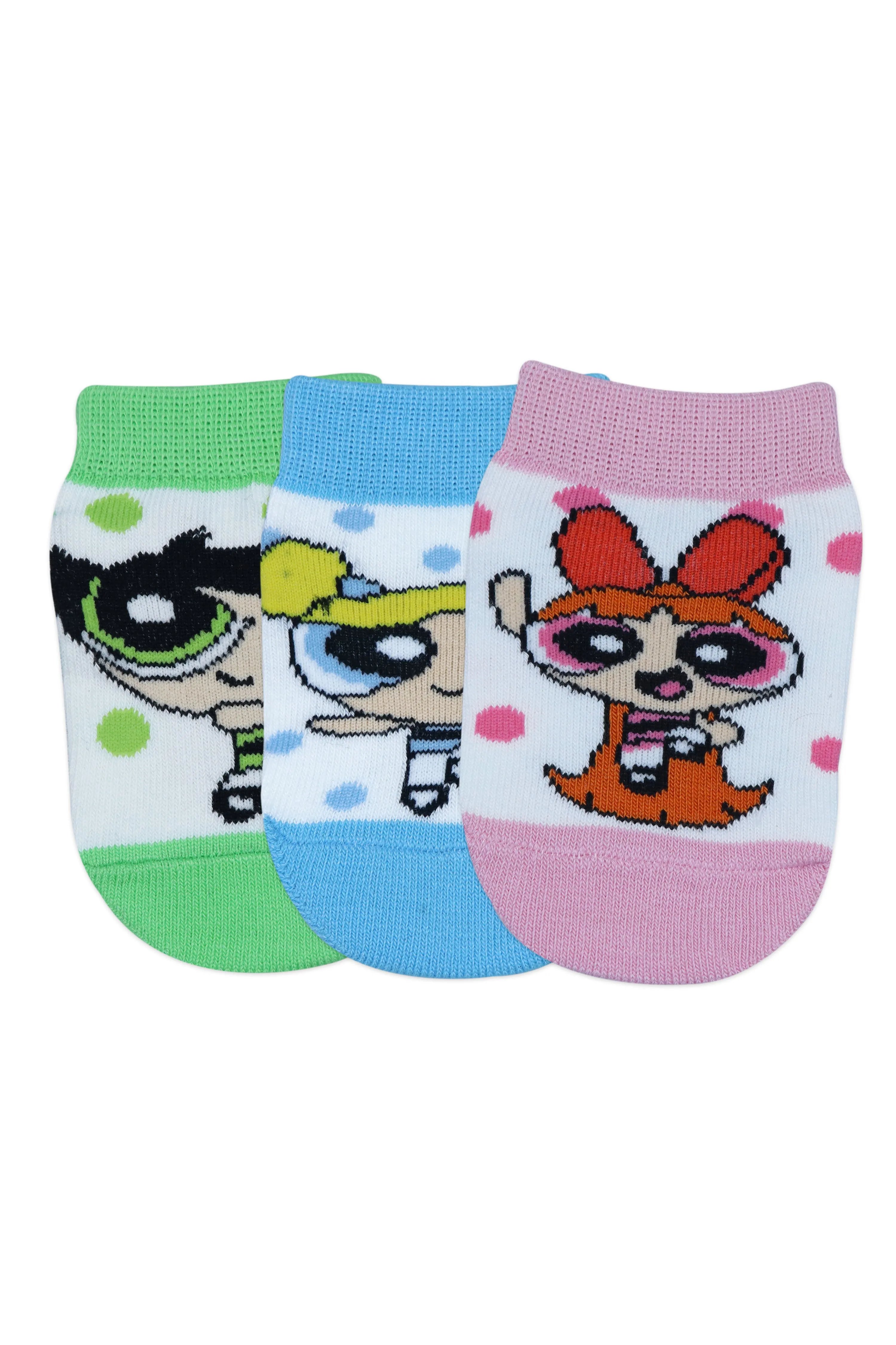 Powerpuff Girls Low Cut Socks by Balenzia for Kids with Anti-Skid Silicone Technology Made with 100% Combed Cotton & Spandex(Pack of 3 Pairs/1U)(1-2 Years)(2-3 Years)-Pink,Blue,Green