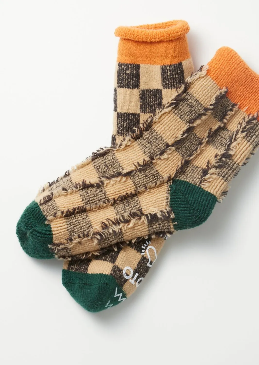 R1497 Pile Room Socks "Checkerboard" L. Orange/D. Green