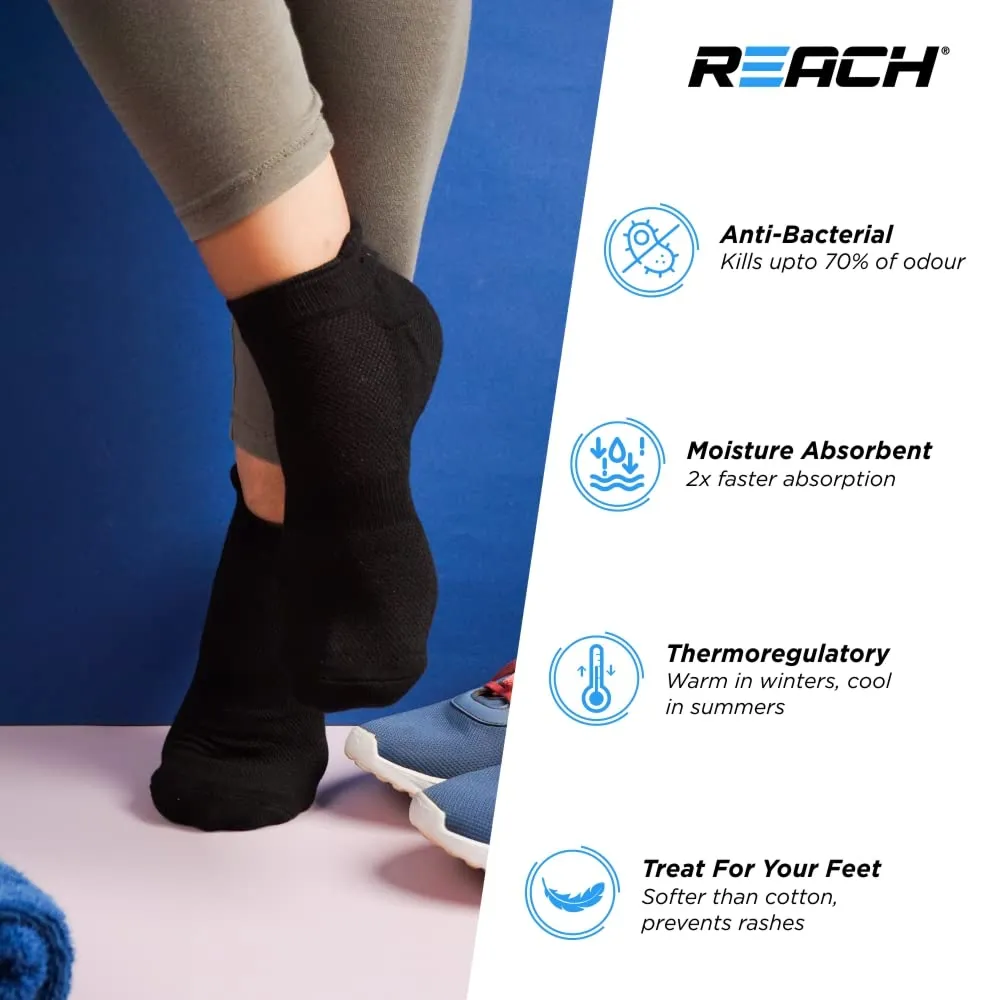 REACH Bamboo Fibre Ankle Length Socks For Men & Women | Breathable Mesh & Odour Free Socks | Sports & Gym Socks | Soft & Comfortable | Pack Of 3 | Black