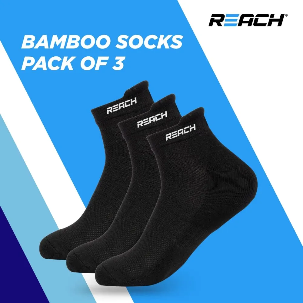 REACH Bamboo Fibre Ankle Length Socks For Men & Women | Breathable Mesh & Odour Free Socks | Sports & Gym Socks | Soft & Comfortable | Pack Of 3 | Black