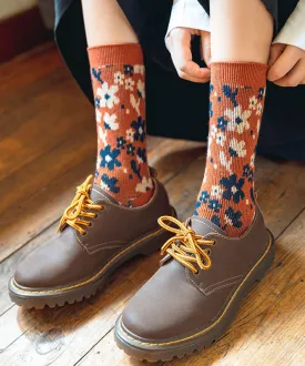 Retro Flowre Print Warm Cotton Crew Socks