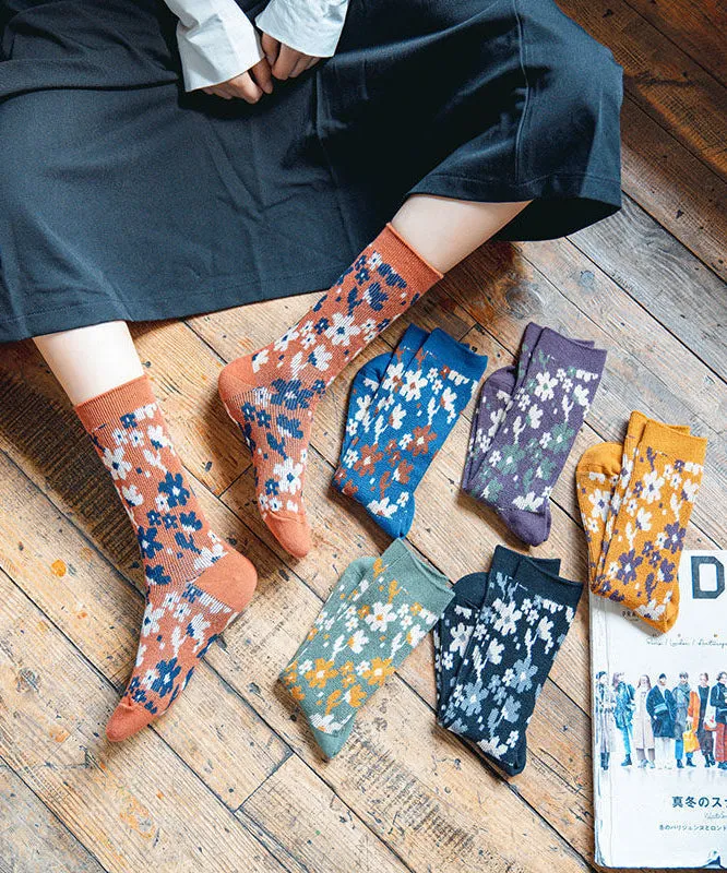 Retro Flowre Print Warm Cotton Crew Socks