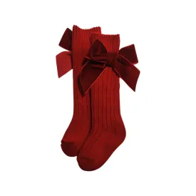 Valentina - Velvet Bow Baby Socks - Deep Red