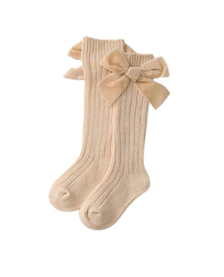 Valentina - Velvet Bow Baby Socks - Oatmeal Beige